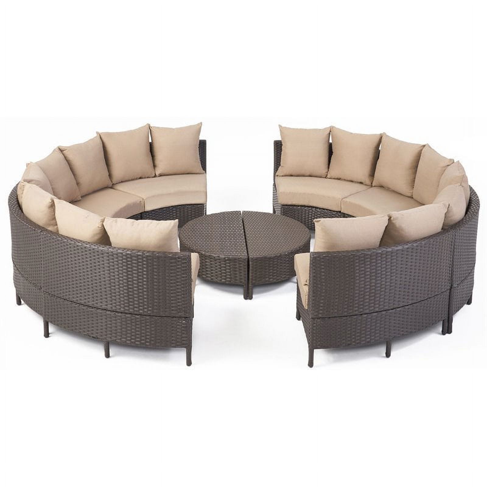 Noble House Newton 8 Seater Round Wicker Sectional Sofa Set Dark Brown