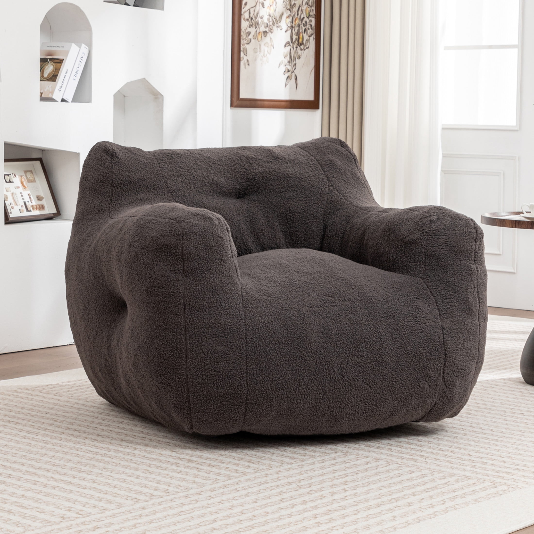 Noble House Nexo Plush Stuffed Memory Foam Bean Bag Sofa, Large Comfy Lounger with Armrest for Living Room, Dark Gray