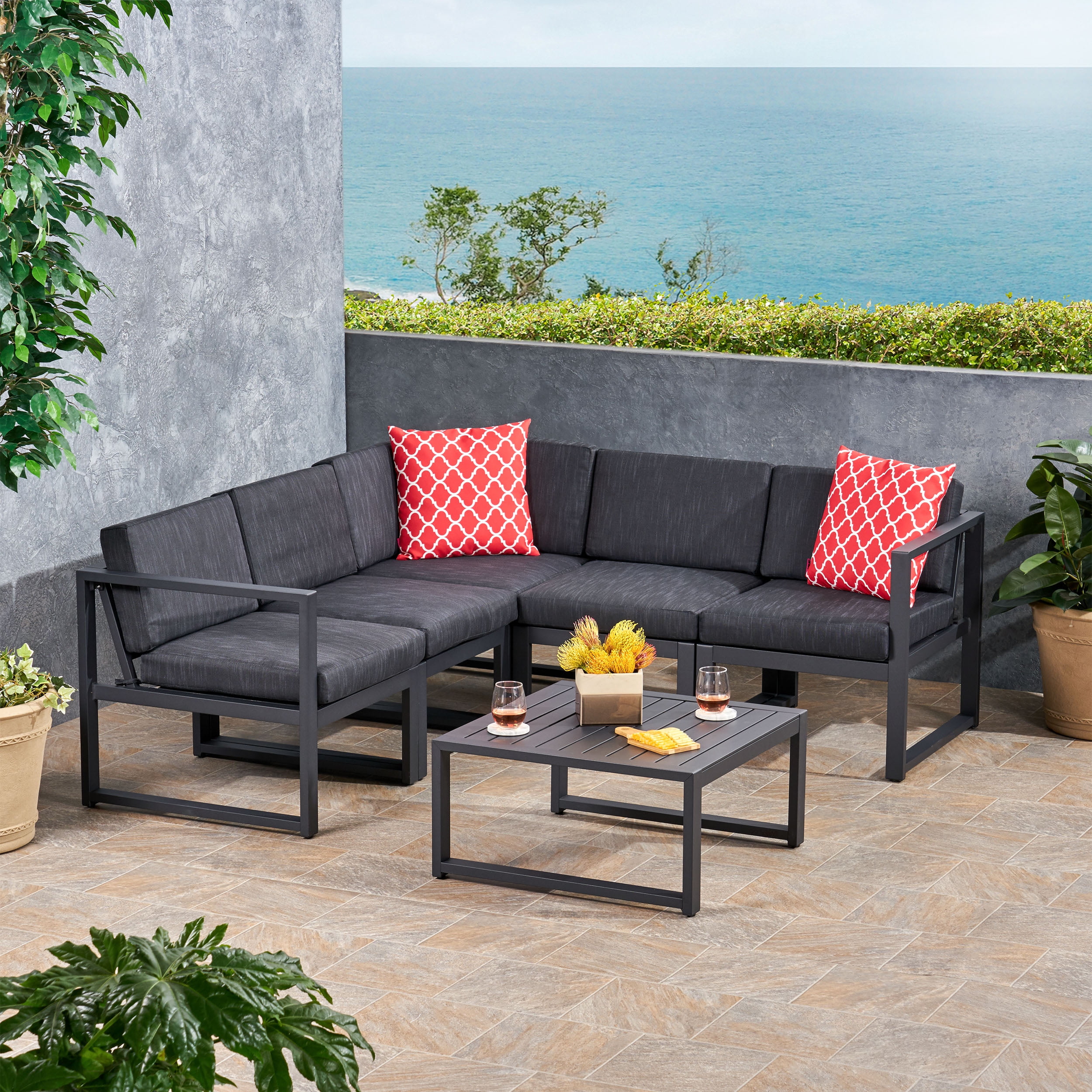 Noble House Nigel Outdoor Aluminum V Shaped 6 Piece Sofa Set with Rust ...