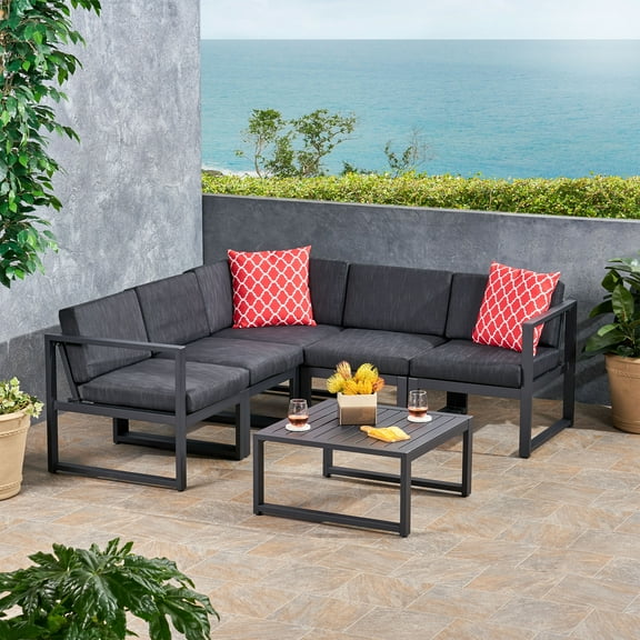 Noble House Nigel Outdoor Aluminum V Shaped 6 Piece Sofa Set with Rust-Proof Aluminum Top Coffee Table and Cushions, Black, Dark Grey