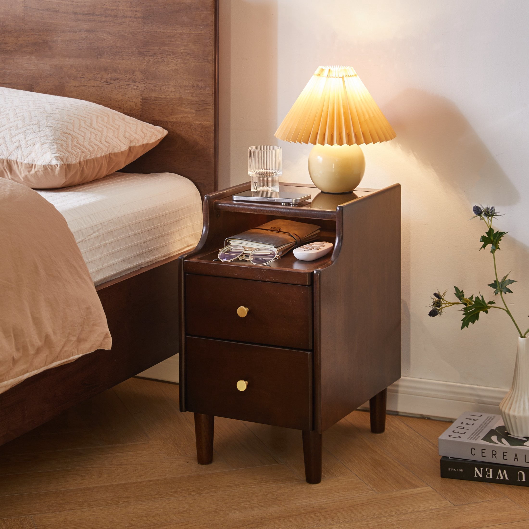 Noble House Nightstand with 2 Drawers and Pull-Out Shelf, Glass Top Bedside Table for Bedroom, Walnut