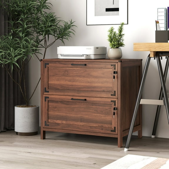 Noble House Nira 31.5" Farmhouse 2-Drawer File Cabinet with Lock, Wide Lateral Storage, Home Office, Walnut