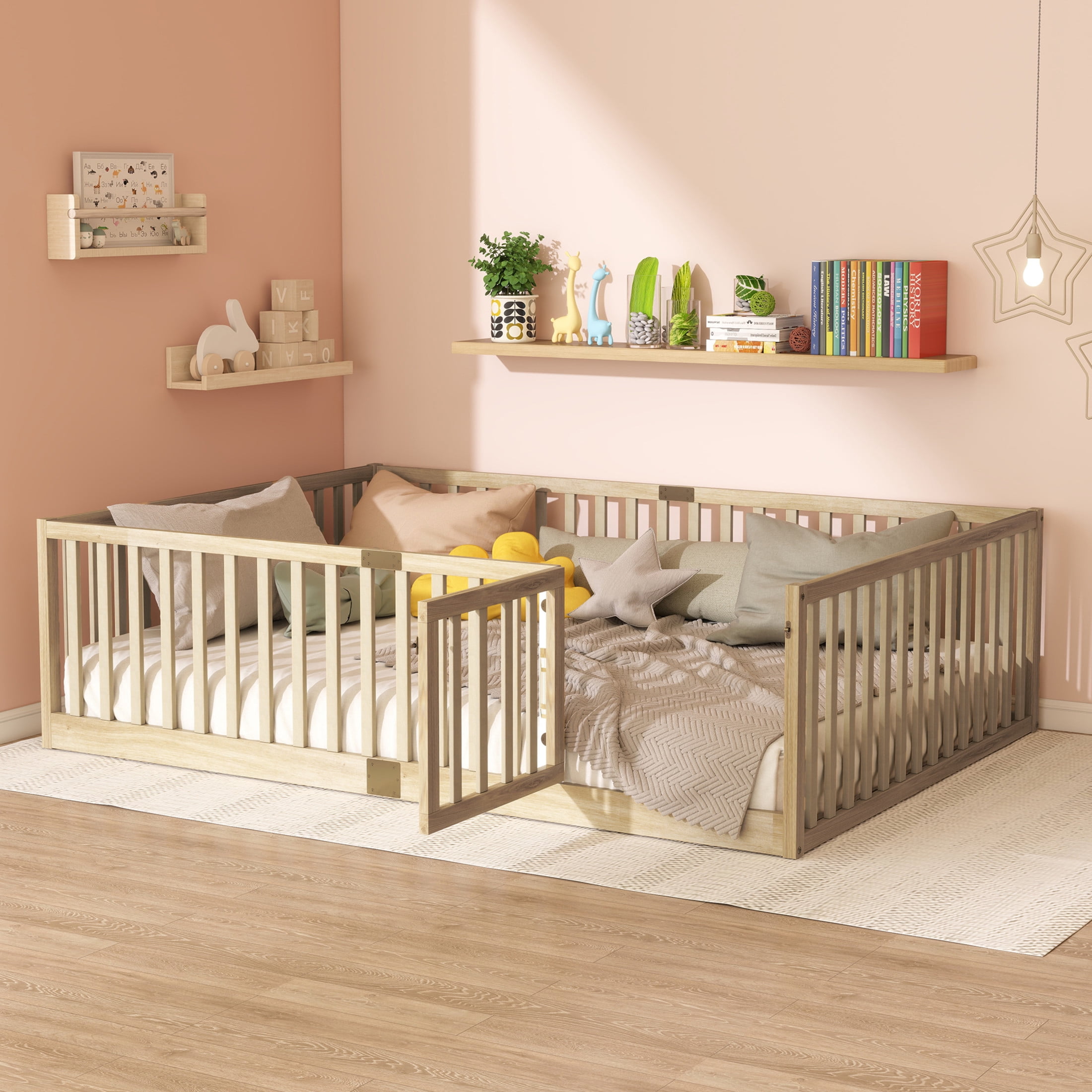 Noble House Nira Full Floor Bed with High Fence and Door, Rubber Wood Montessori Bed Frame, Kids' Room, Natural