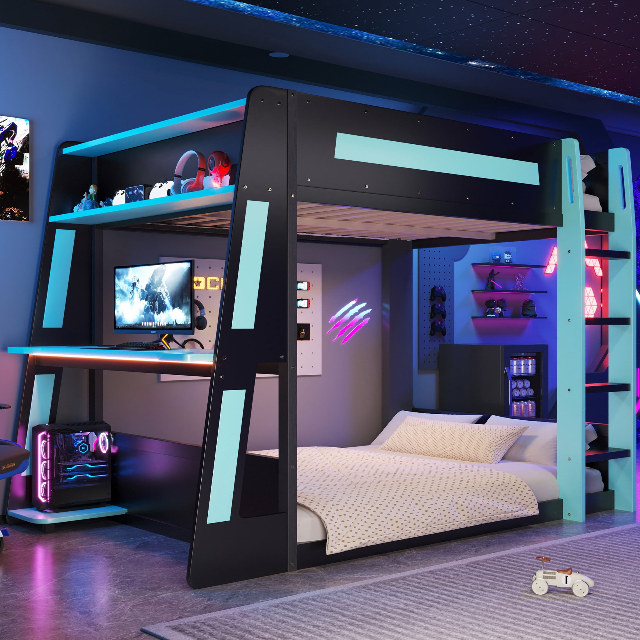 Noble House Nira Full Gaming Bunk Bed with Desk and LED Lights, Wood Loft Bed with Charging Ports, Black and Blue