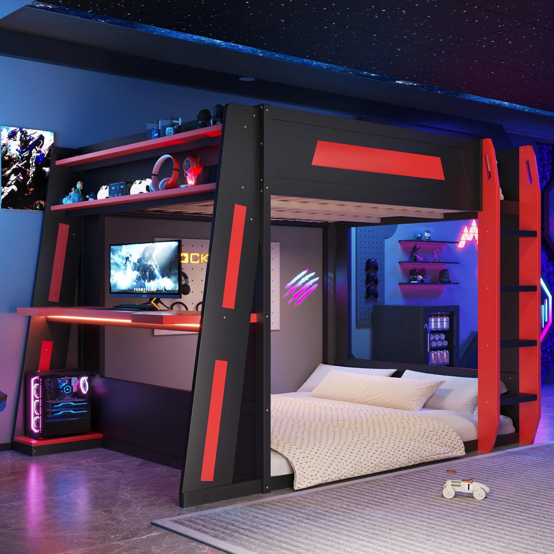 Noble House Nira Queen Gaming Bunk Bed with Desk and LED Lights, Wood Loft Bed with Charging Ports, Black and Red
