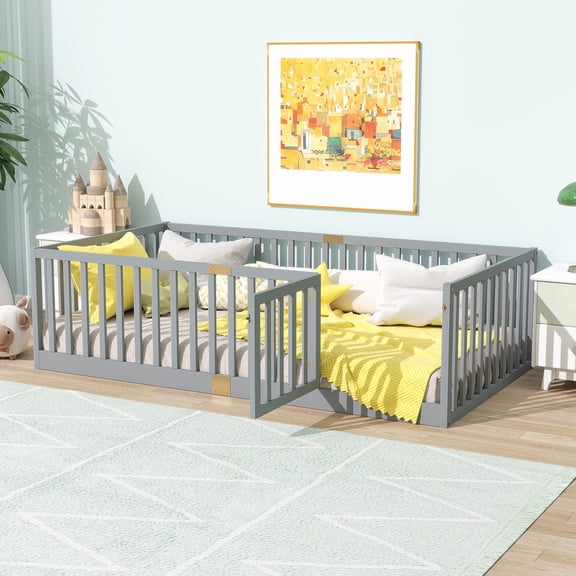 Noble House Nira Twin Floor Bed with High Fence and Door, Rubber Wood Montessori Bed Frame, Kids' Room, Gray