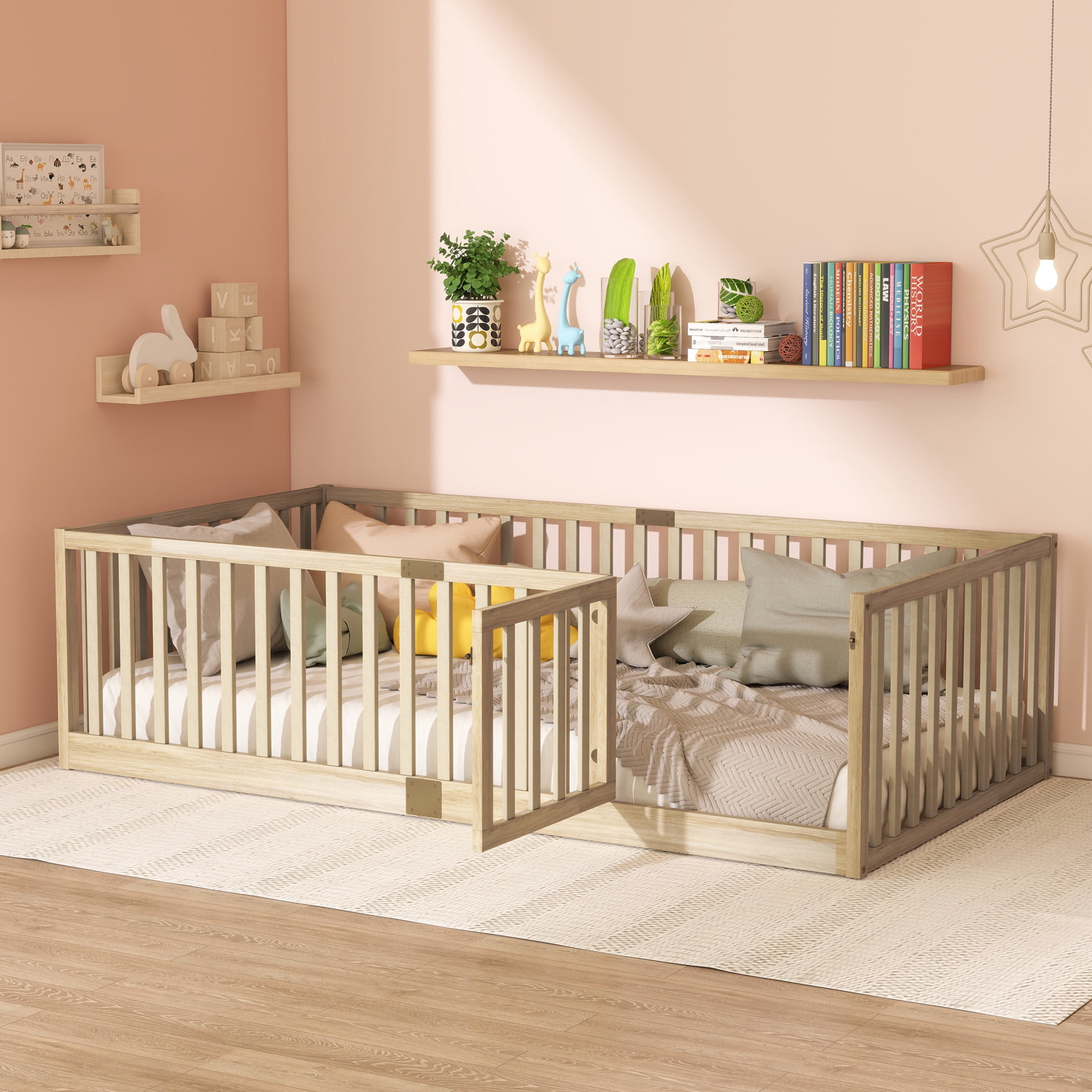 Noble House Nira Twin Floor Bed with High Fence and Door, Rubber Wood Montessori Bed Frame, Kids' Room, Natural