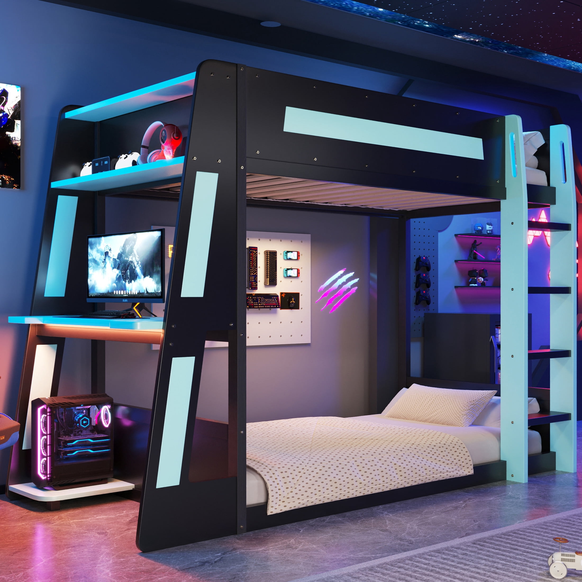 Noble House Nira Twin Gaming Bunk Bed with Desk and LED Lights, Wood Loft Bed with Charging Ports, Black and Blue