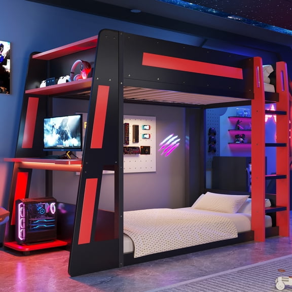 Noble House Nira Twin Gaming Bunk Bed with Desk and LED Lights, Wood Loft Bed with Charging Ports, Black and Red