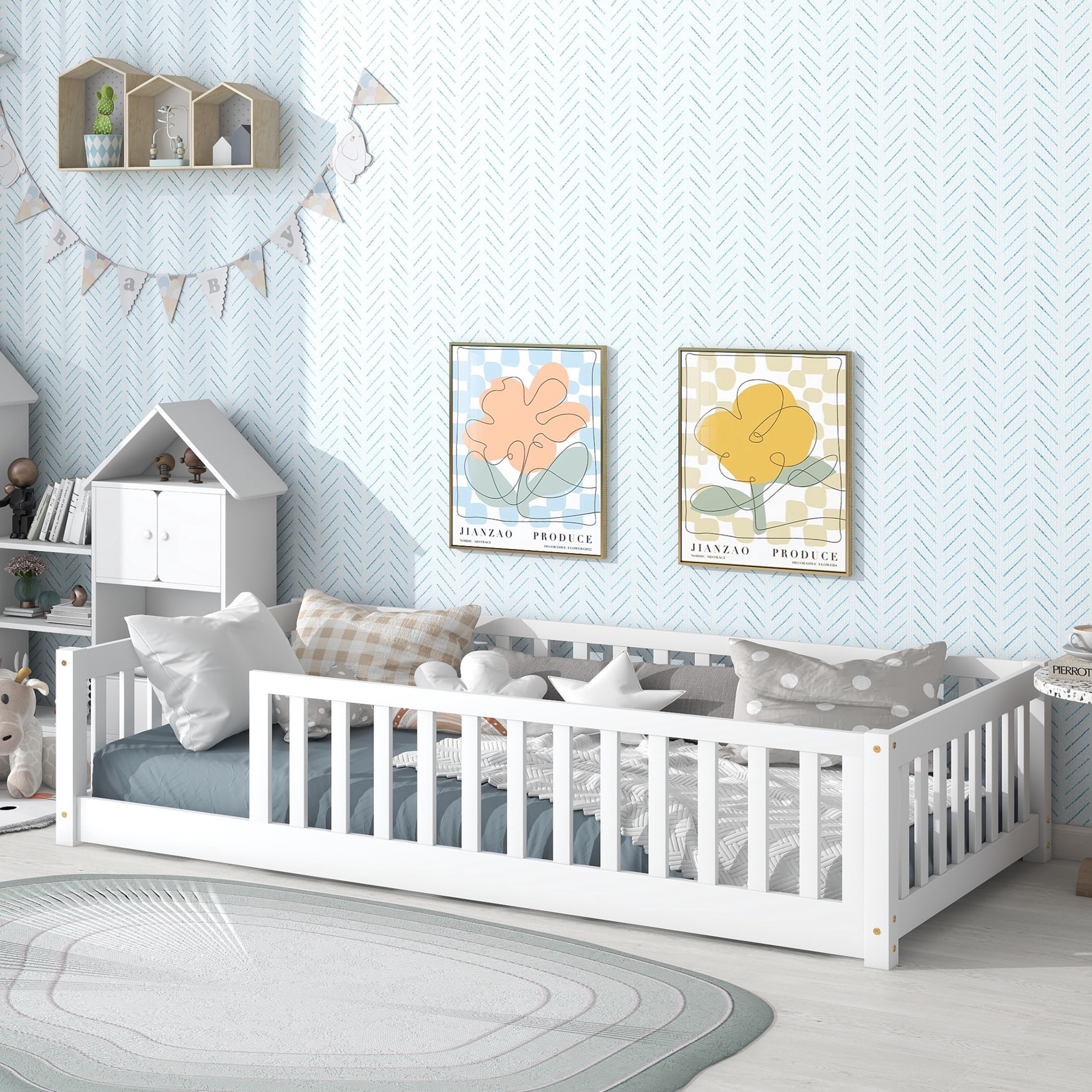 Noble House Nira Twin Size Floor Bed with High Fence, Sturdy Rubber Wood Montessori Bed, Kid's Room, White