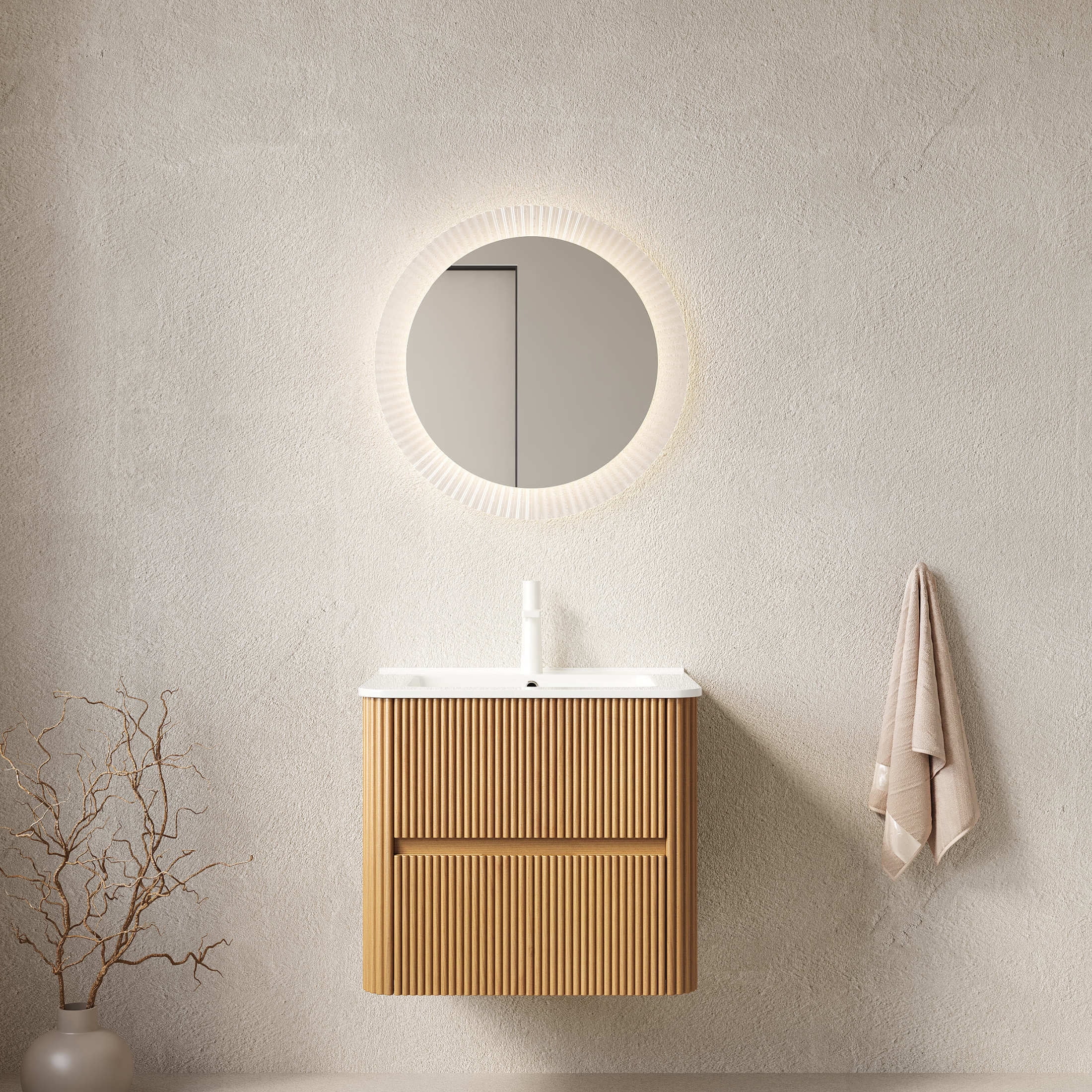 Noble House Noor 24" Floating Bathroom Vanity with Seamless Ceramic Basin, Retro Soft-Close Drawers, Oak