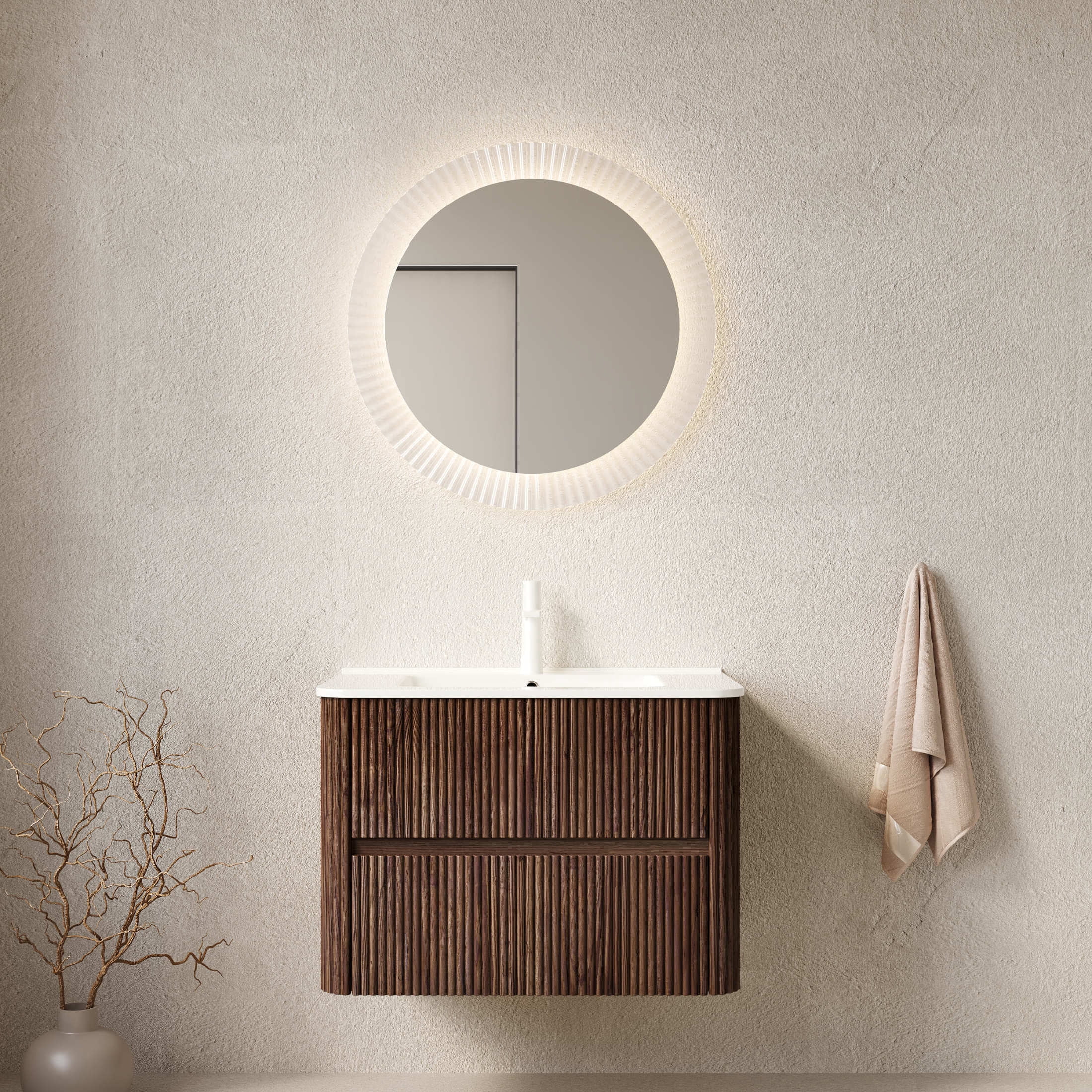 Noble House Noor 30" Floating Bathroom Vanity with Seamless Ceramic Basin, Retro Soft-Close Drawers, Walnut