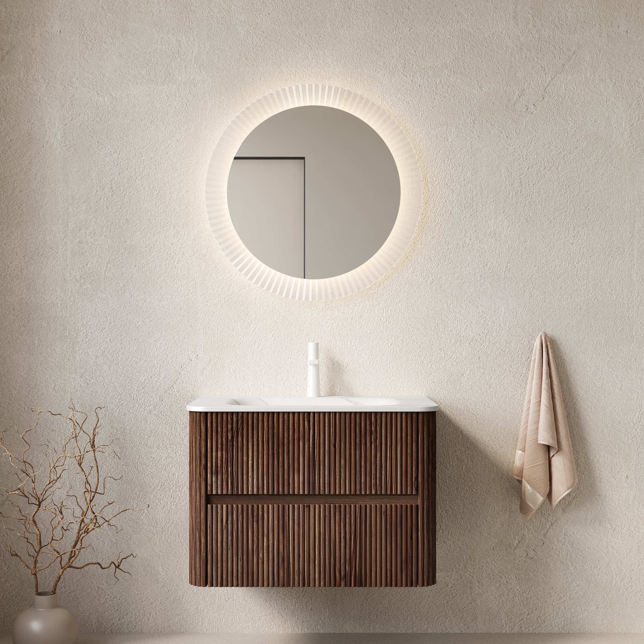 Noble House Noor 30" Floating Bathroom Vanity with Seamless Sintered Stone Basin, Retro Soft-Close Drawers, Walnut
