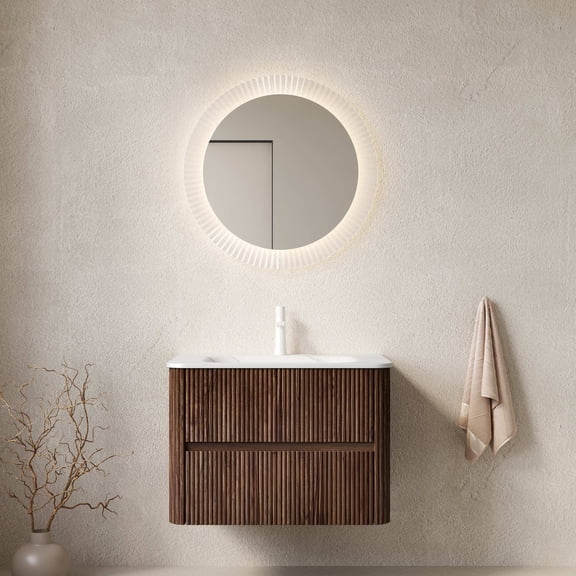 Noble House Noor 30" Floating Bathroom Vanity with Seamless Sintered Stone Basin, Retro Soft-Close Drawers, Walnut