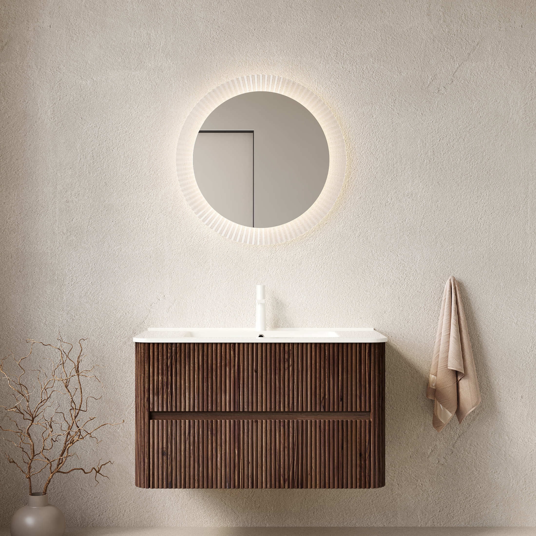 Noble House Noor 36" Floating Bathroom Vanity with Seamless Ceramic Basin, Retro Soft-Close Drawers, Walnut