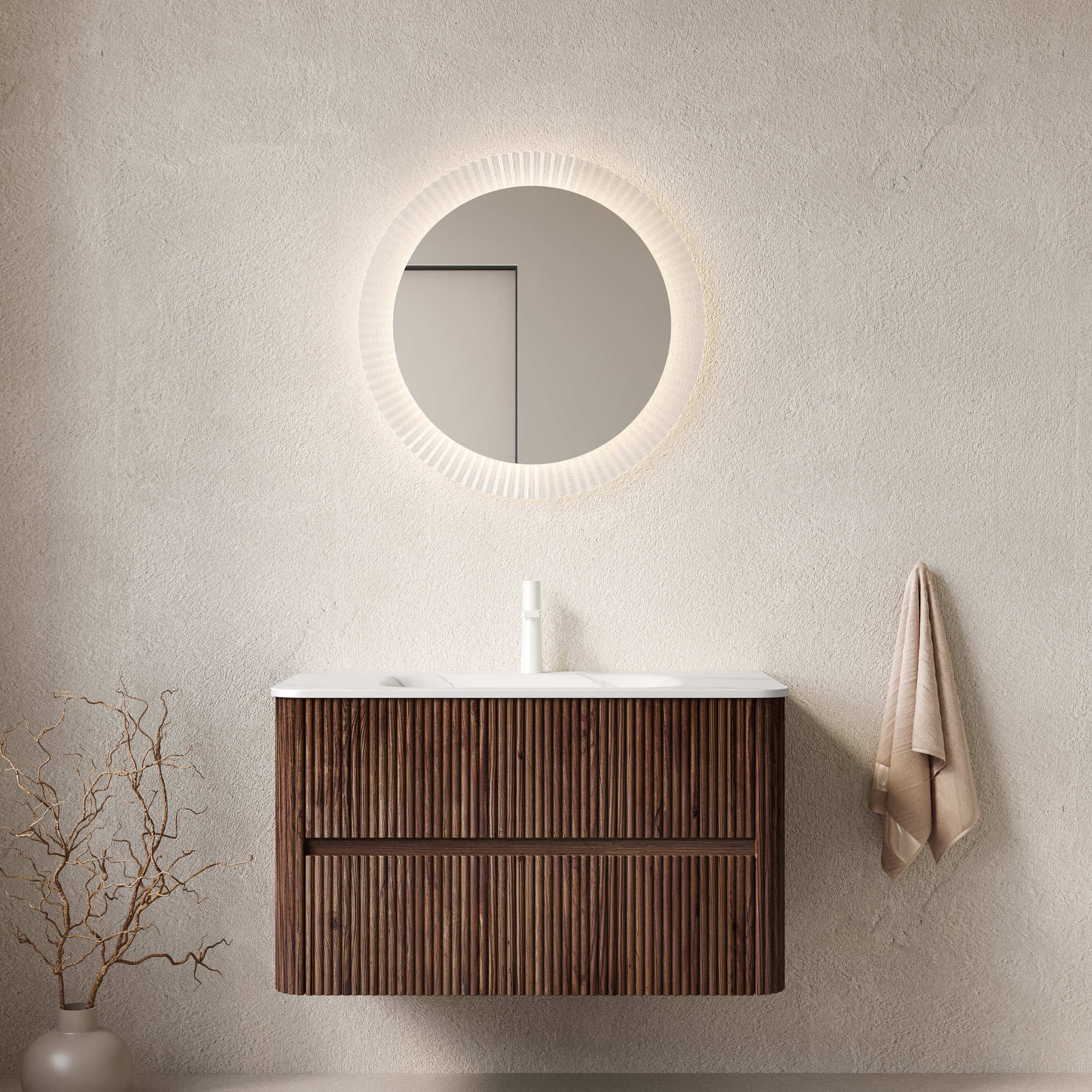 Noble House Noor 36" Floating Bathroom Vanity with Seamless Sintered Stone Basin, Retro Soft-Close Drawers, Walnut