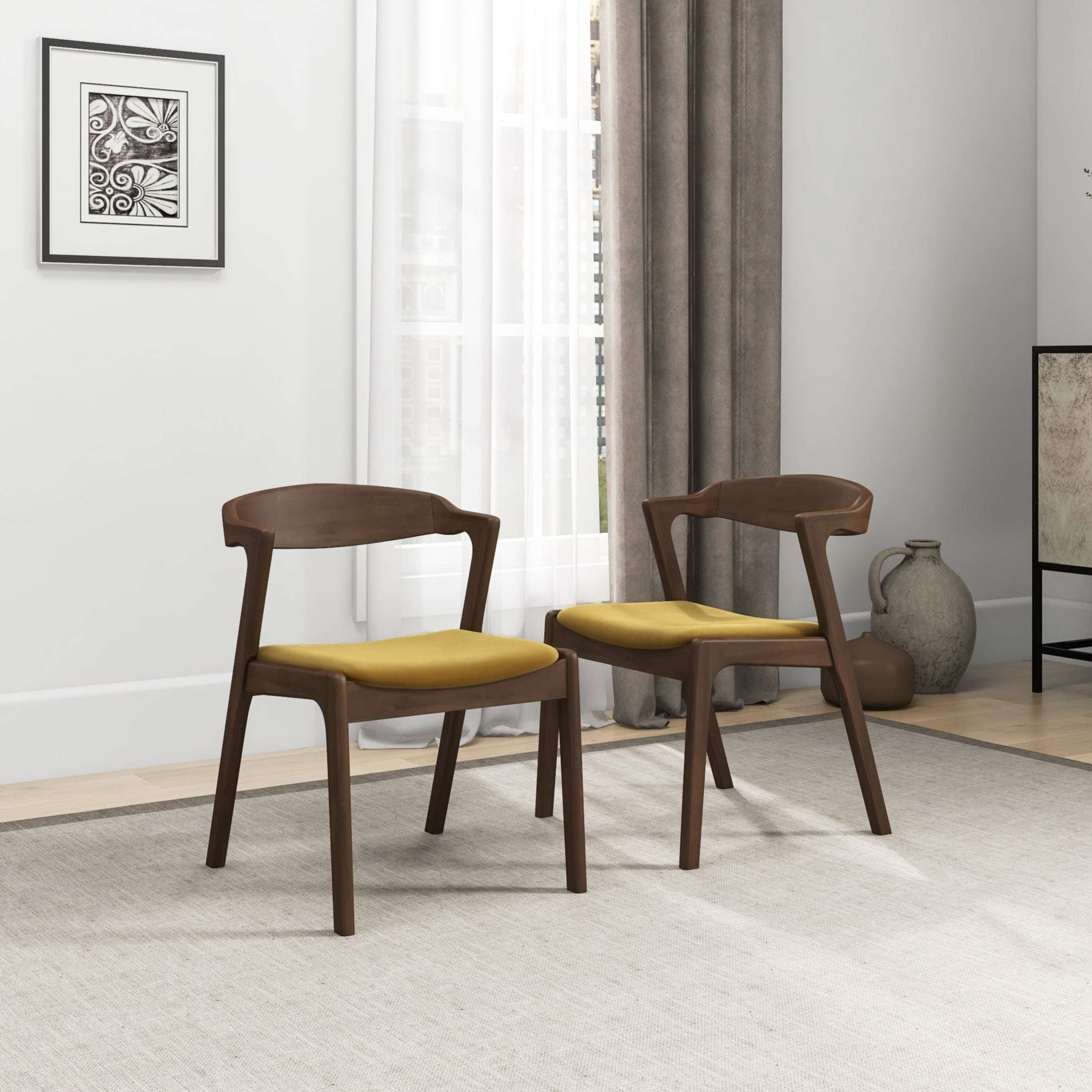 Noble House Nora Dakota Velvet Upholstered Dining Chair Set with Wood Frame, Set of 2, Dark Yellow and Dark Brown