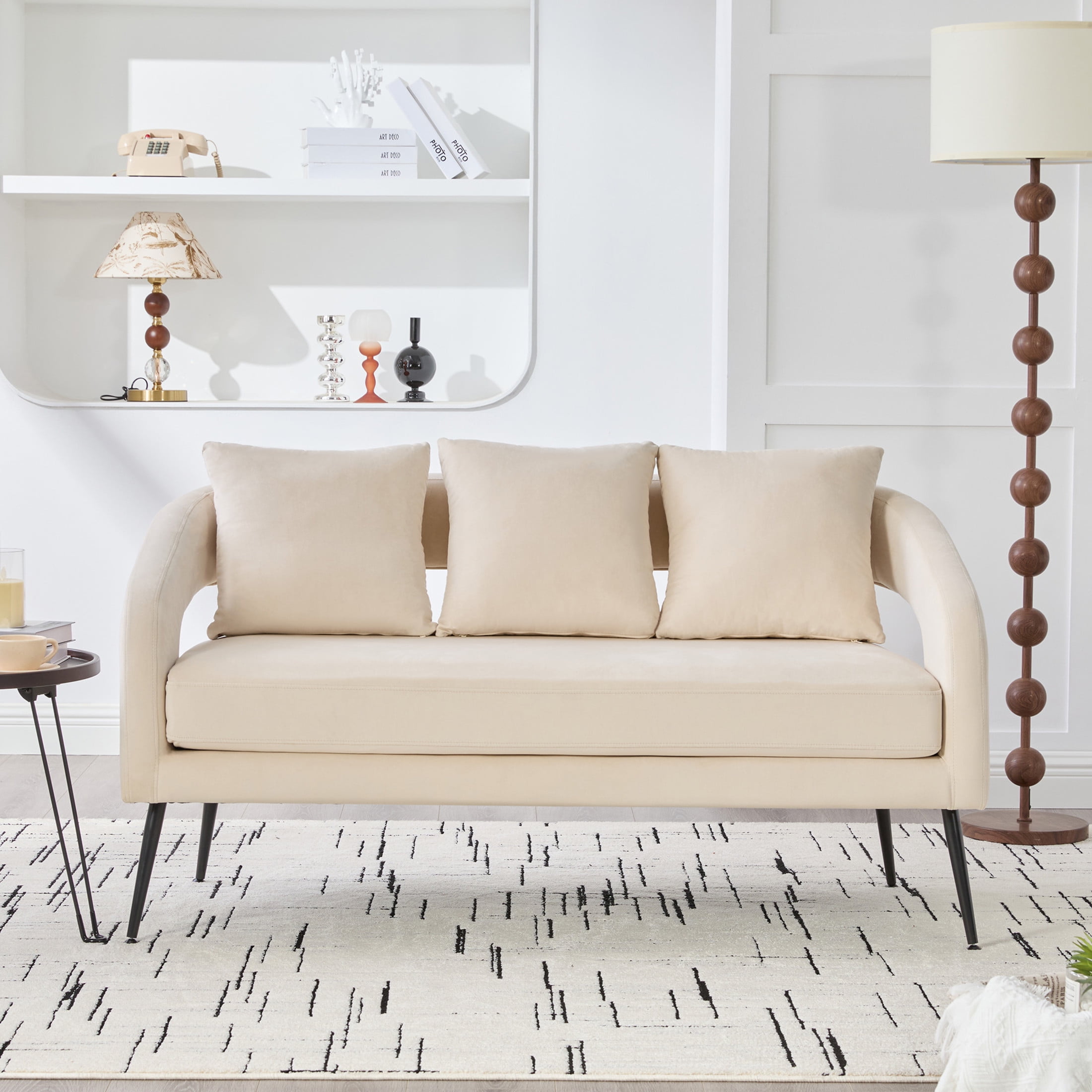 Noble House Norford 53.7" Velvet Open-Back Loveseat Settee, 2-Seater Small Sofa with Pillows and Metal Legs, Beige