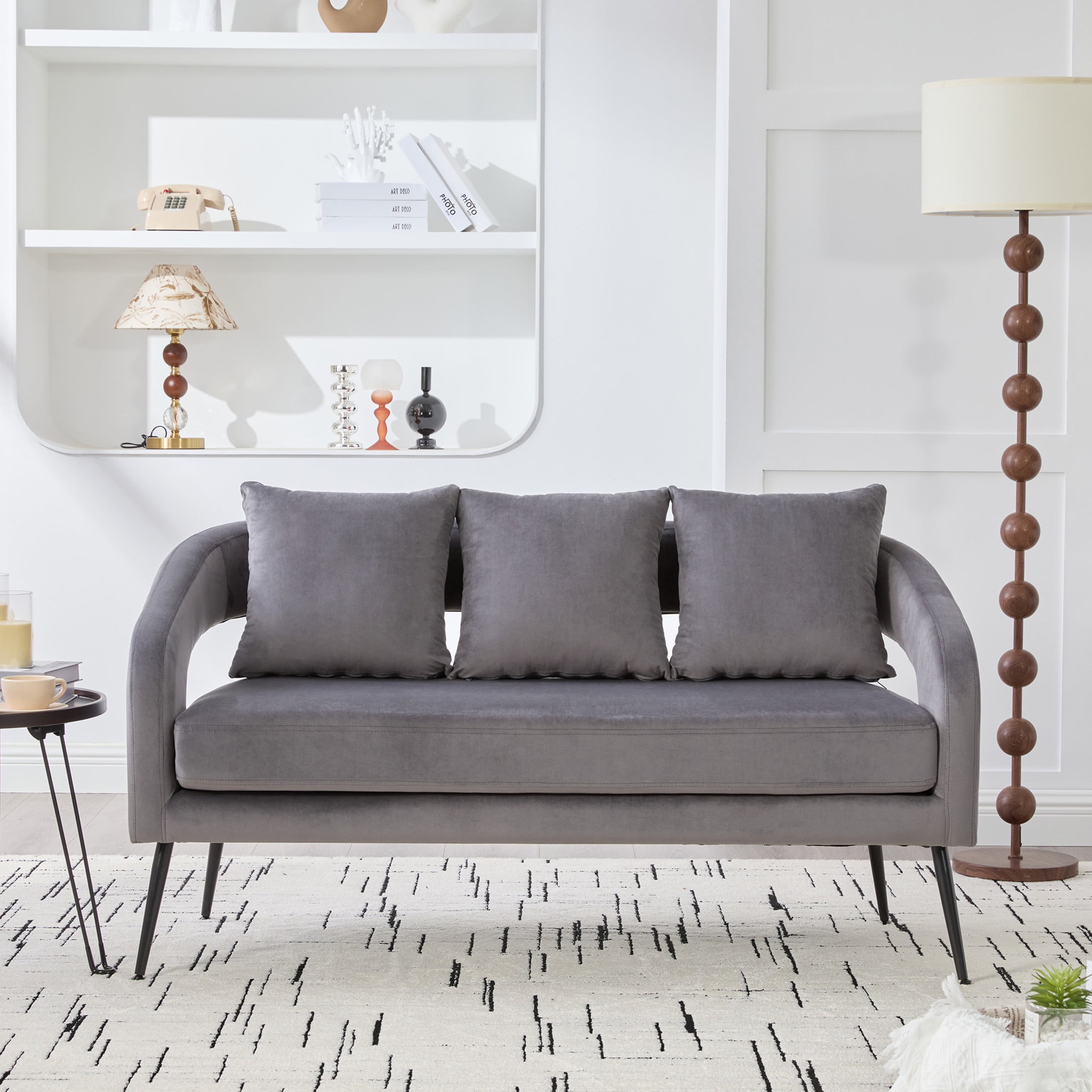 Noble House Norford 53.7" Velvet Open-Back Loveseat Settee, 2-Seater Small Sofa with Pillows and Metal Legs, Charcoal