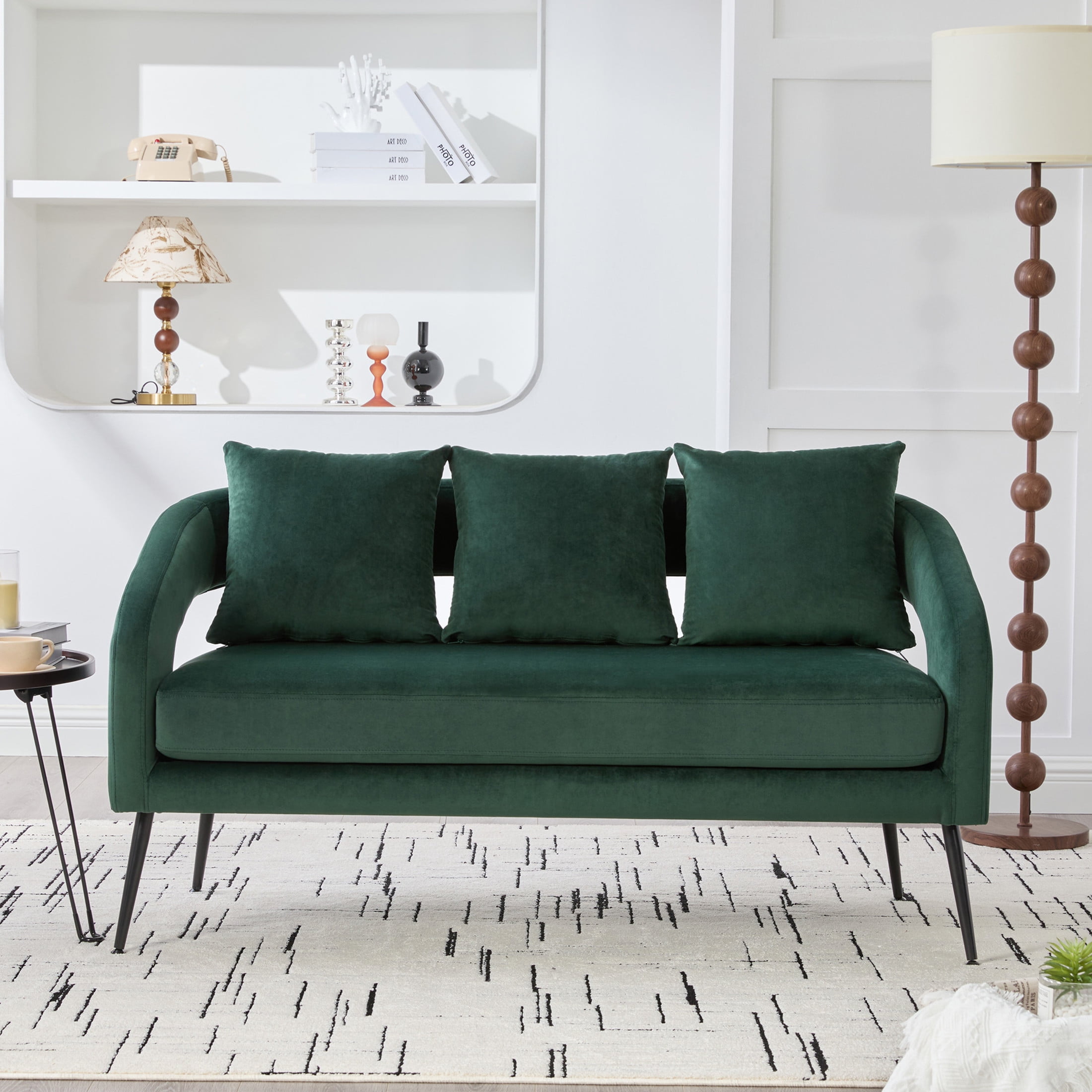 Noble House Norford 53.7" Velvet Open-Back Loveseat Settee, 2-Seater Small Sofa with Pillows and Metal Legs, Green