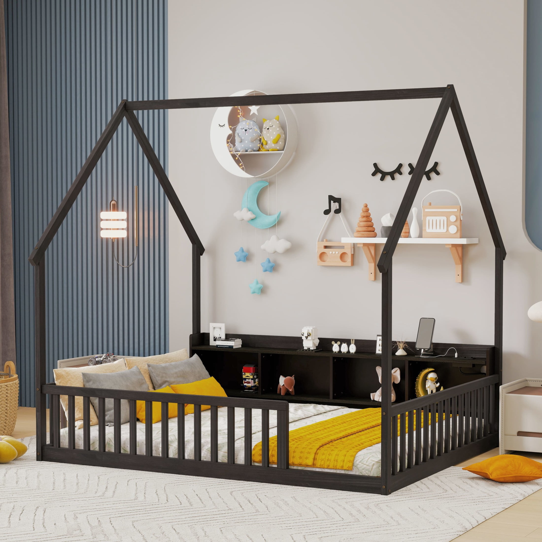 Noble House Norra Full Size Pine Wooden House Floor Bed with Storage Shelves, LED Lights & Charging Station, Espresso