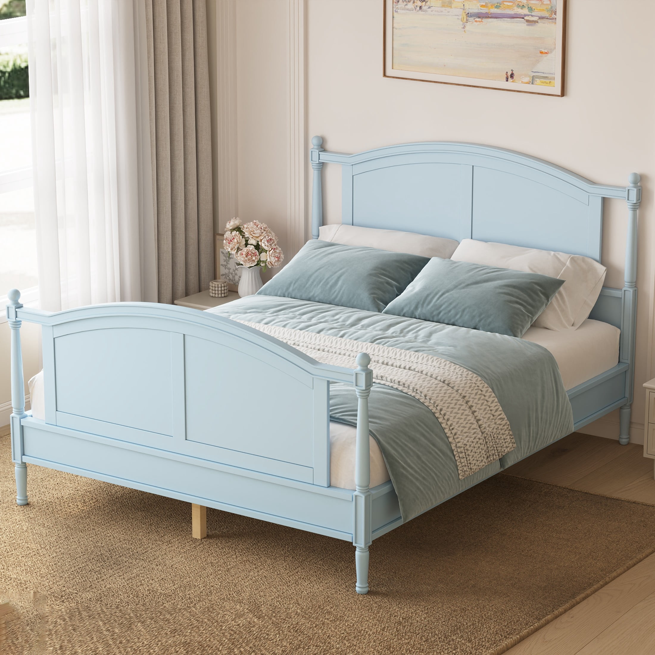 Noble House Norra Traditional Wooden Platform Queen Bed Frame with Arched Headboard, Cottage Panel Bed Frame, Light Blue