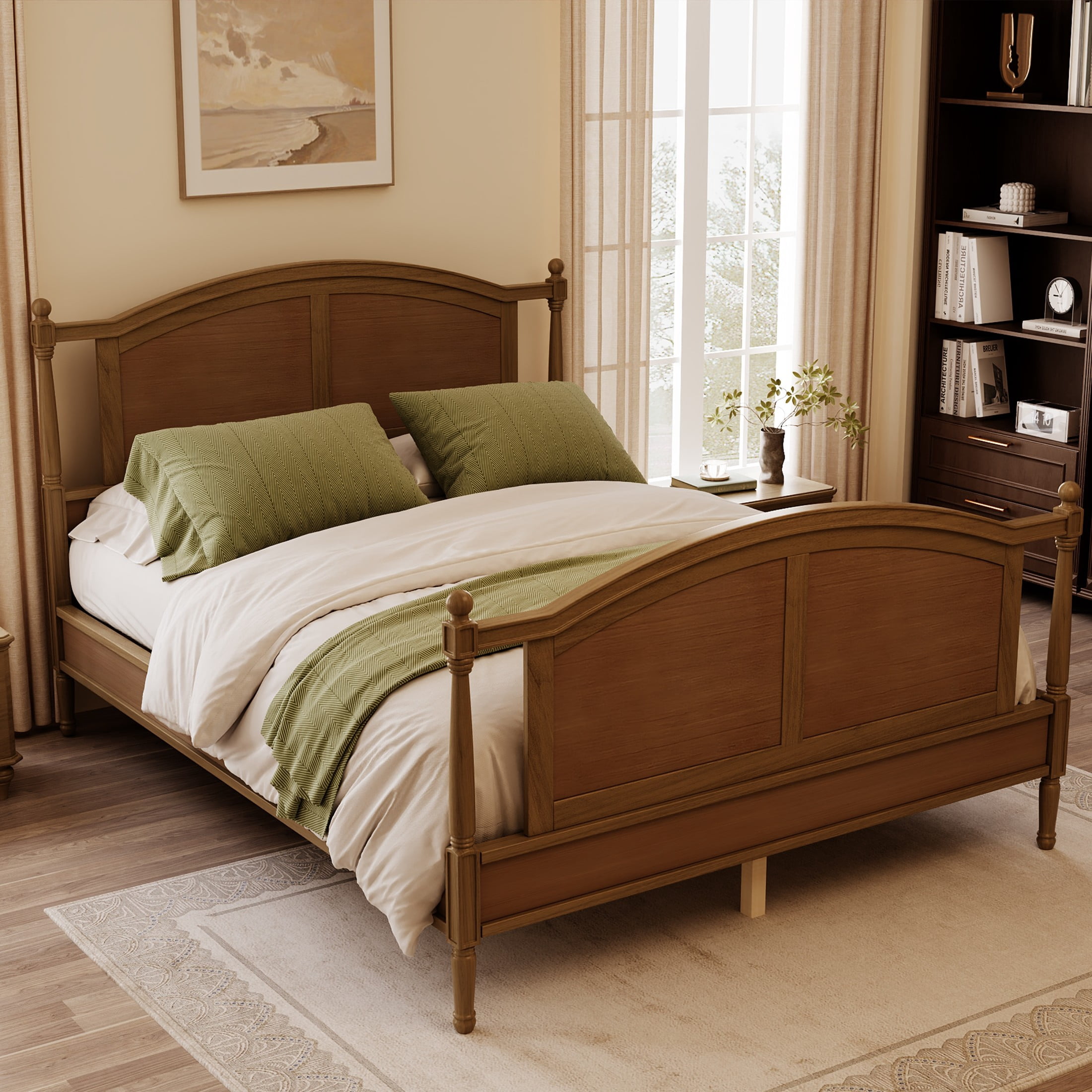 Noble House Norra Traditional Wooden Platform Queen Bed Frame with Arched Headboard, Cottage Panel Bed Frame, Walnut