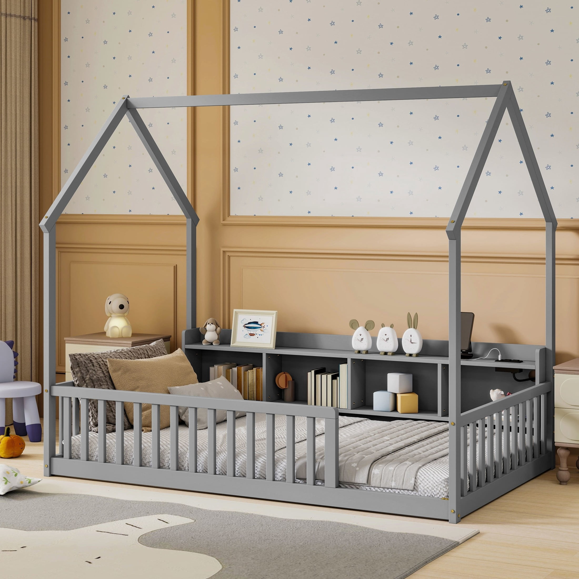 Noble House Norra Twin Size Pine Wooden House Floor Bed with Storage Shelves, LED Lights & Charging Station, Grey