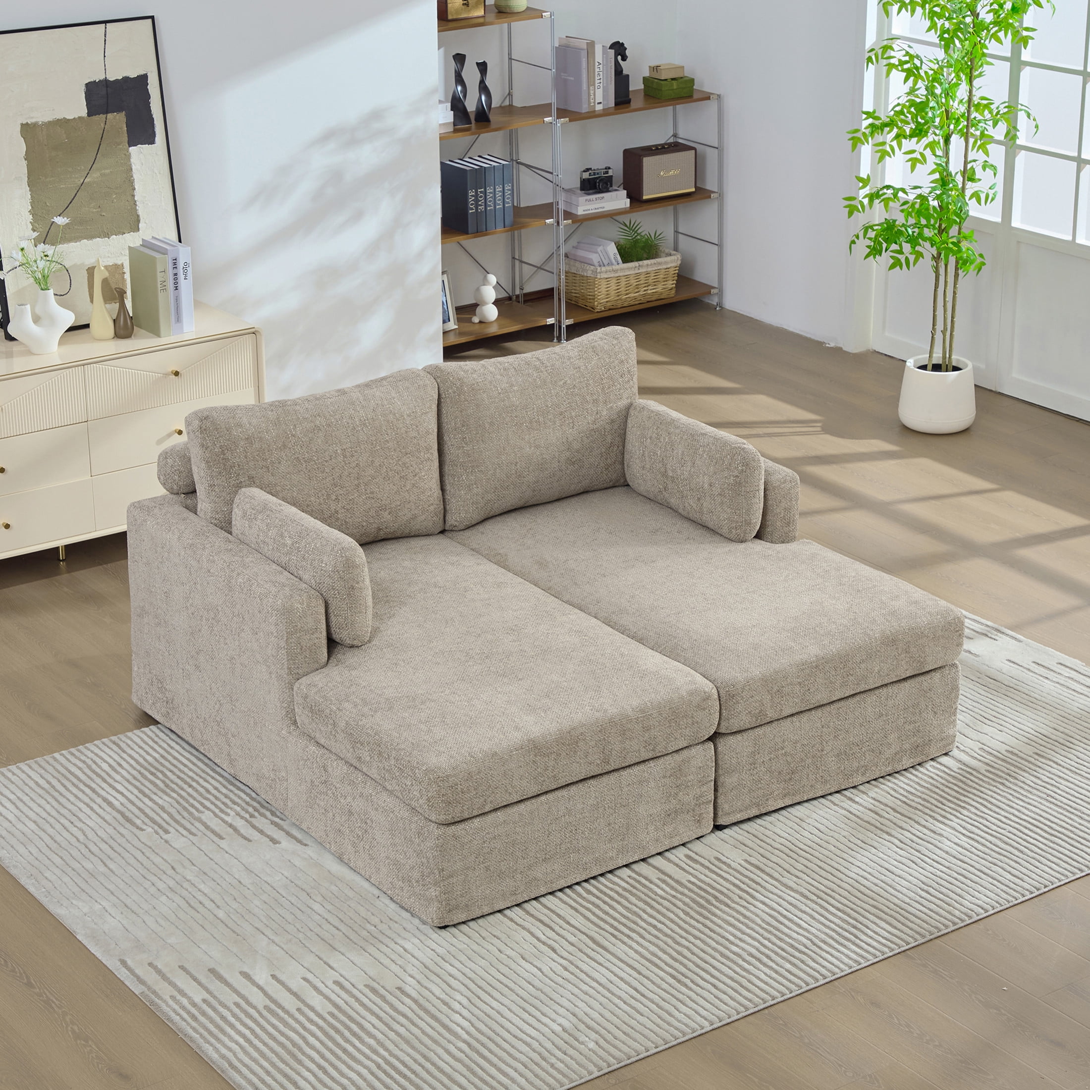 Noble House Norris 64" Chenille Modular Sofa Bed, Oversized Sleeper with Cushions & Metal Legs for Living Room, Taupe
