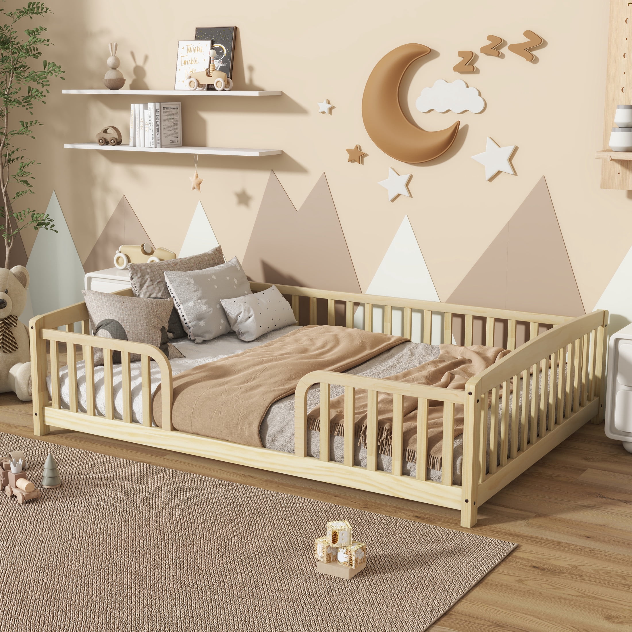 Noble House Norva Full Size Floor Bed with Central Curved Entrance Guardrails, Pine Wood Bed Frame, Natural