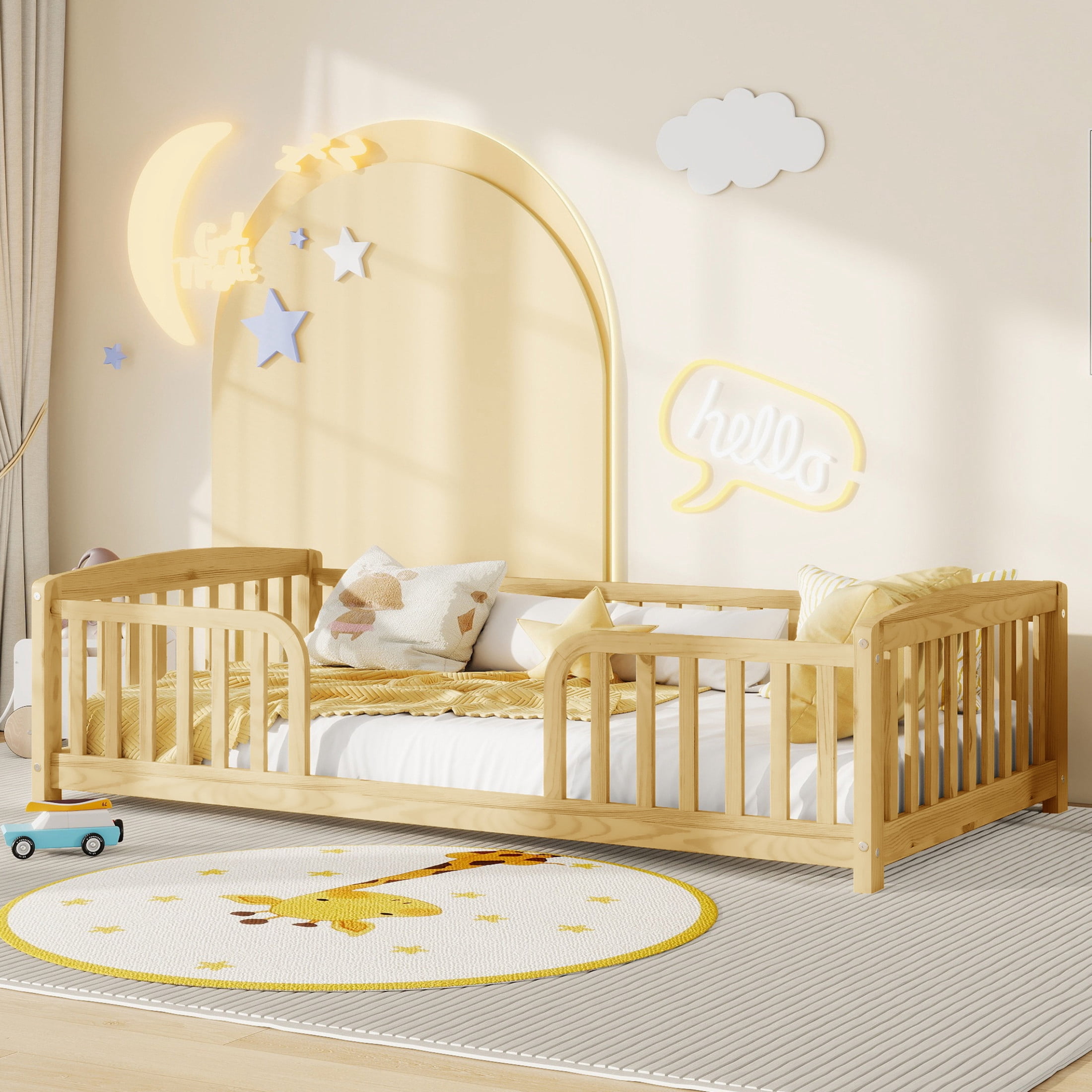 Noble House Norva Twin Size Floor Bed with Central Curved Entrance Guardrails, Pine Wood Bed Frame, Natural