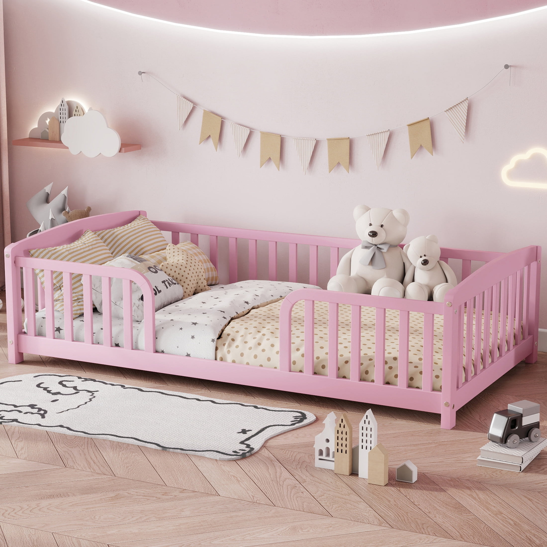 Noble House Norva Twin Size Floor Bed with Central Curved Entrance Guardrails, Pine Wood Bed Frame, Pink