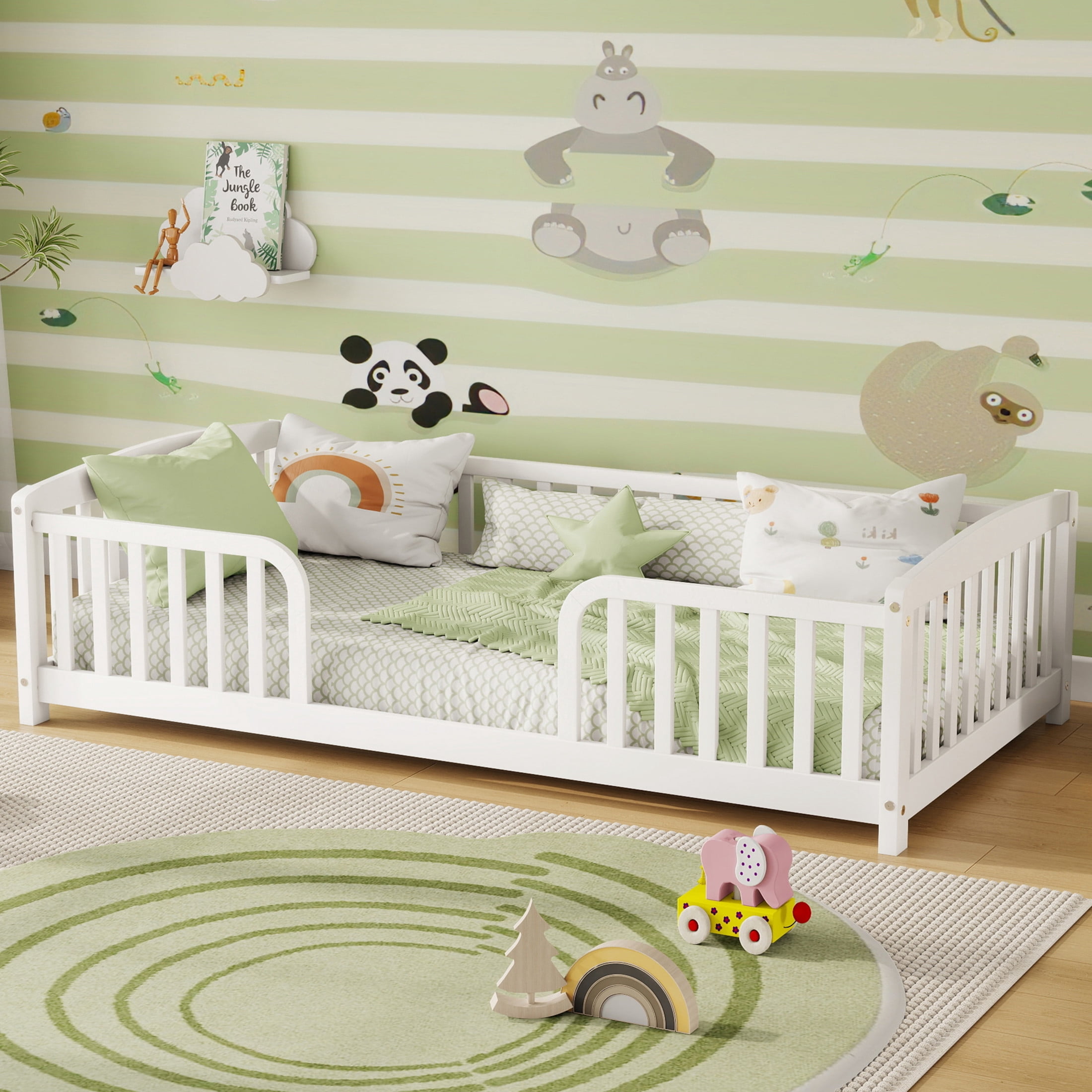 Noble House Norva Twin Size Floor Bed with Central Curved Entrance Guardrails, Pine Wood Bed Frame, White