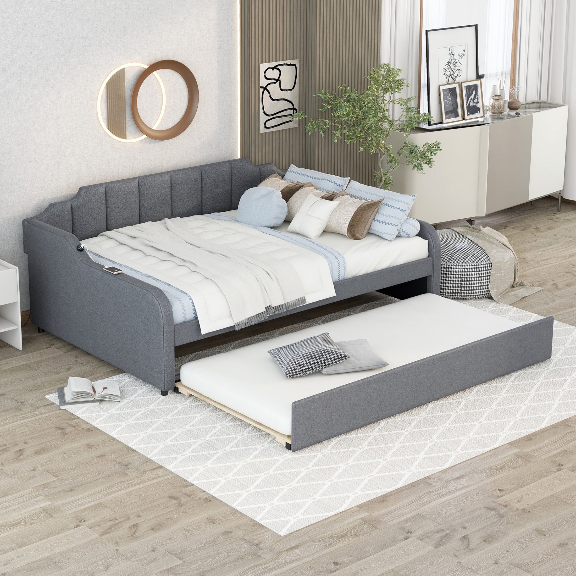 Noble House Norwick Full Woven Fabric Upholstered Daybed with Pull-Out Adjustable Trundle and USB Port, Gray
