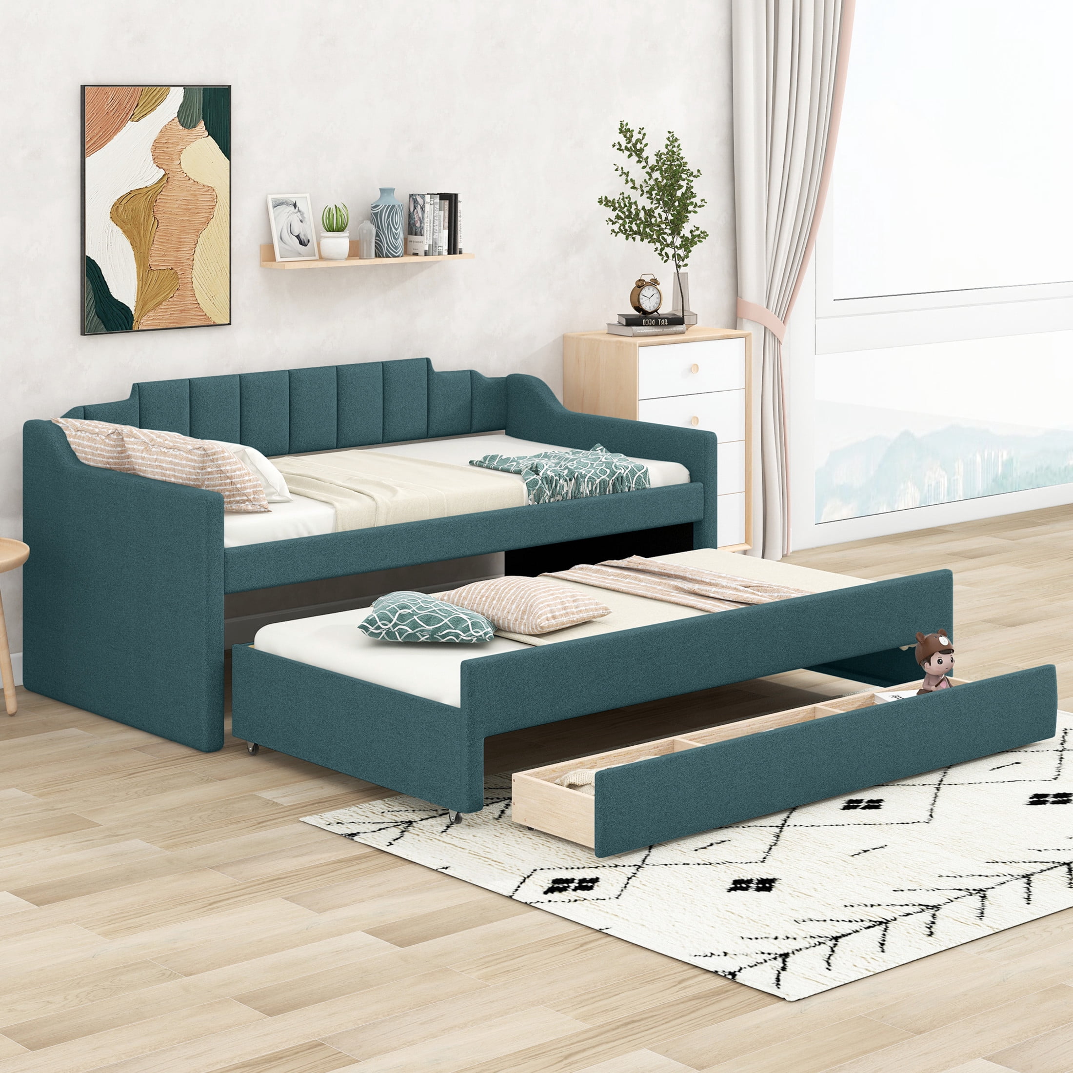 Noble House Norwick Twin Linen-Blend Upholstered Daybed with Trundle and Storage Drawers, Green