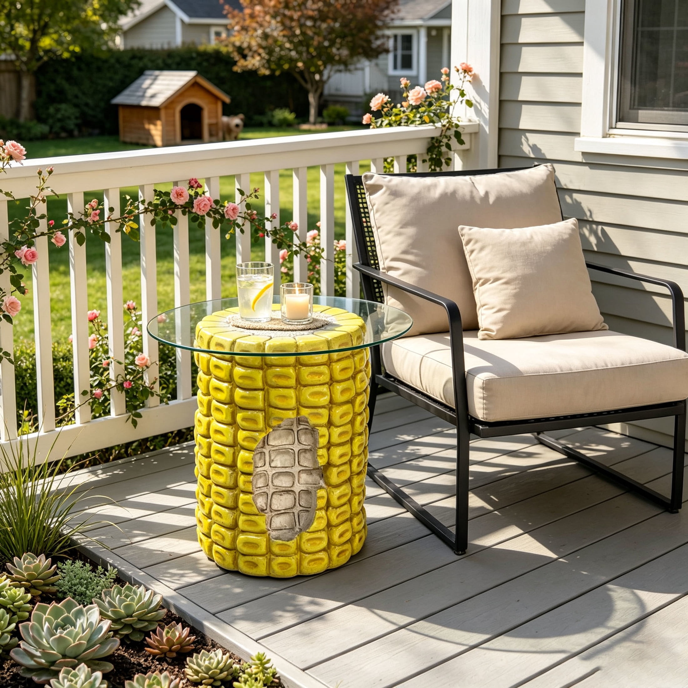 Noble House Novelty Corn Shaped Side Table with Tempered Glass Top & Weatherproof Resin Base, Home Decor, Yellow