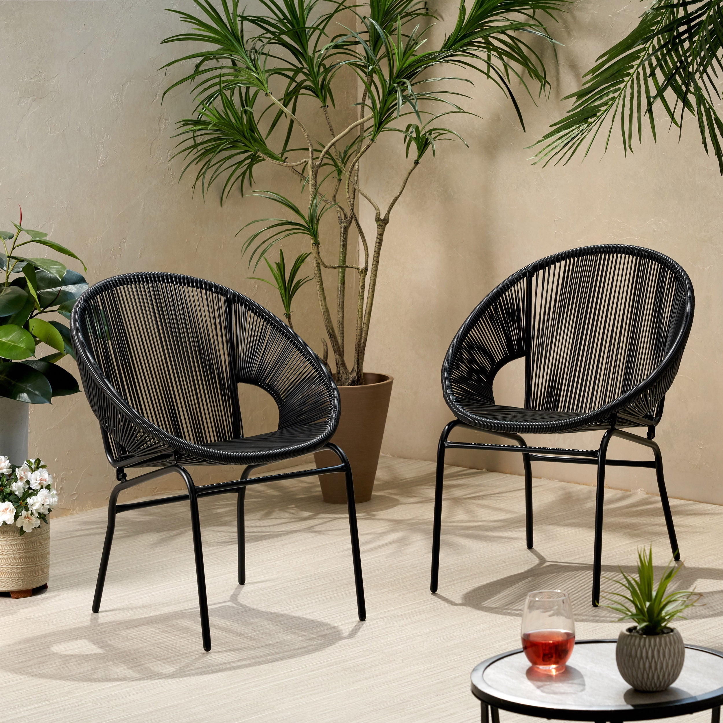 Nusa Black Faux Rattan and Iron Armless Lounge Chairs, Set of 2