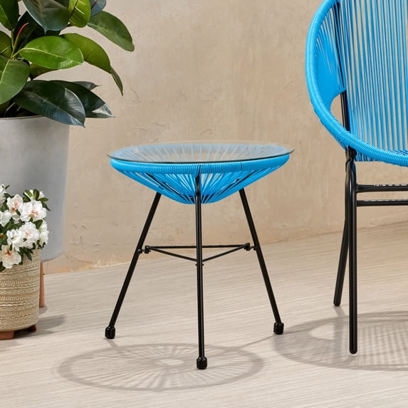 Hayk Outdoor Modern Faux Rattan Side Table with Tempered Glass Top, Blue and Black