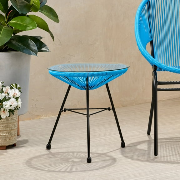 Noble House Nusa Outdoor Tempered Glass Top Faux Rattan Side Table in Blue