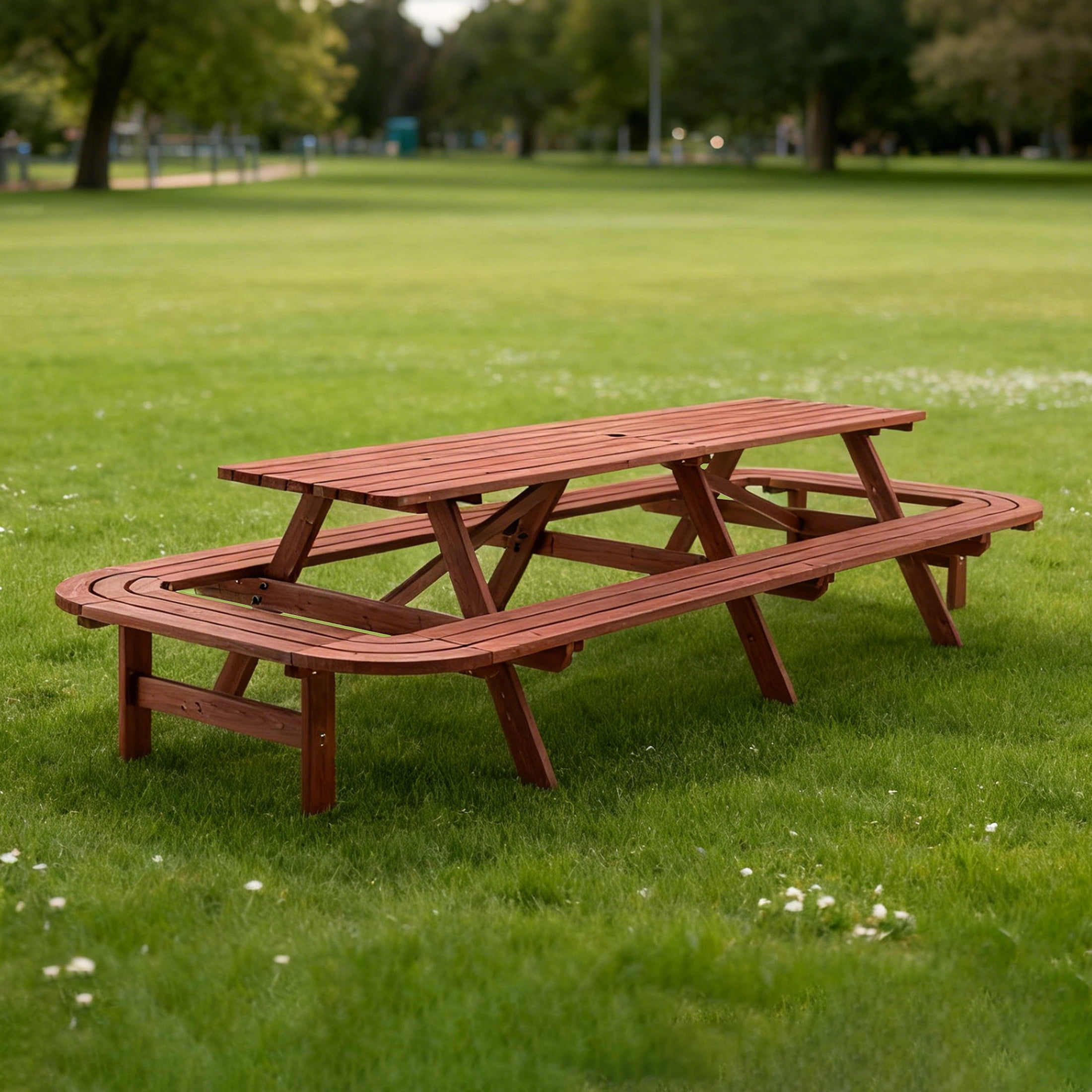 Noble House Oaklin Extra-Large Wooden Picnic Table with Extended Benches, 14-Seat Outdoor Patio Set, Brown