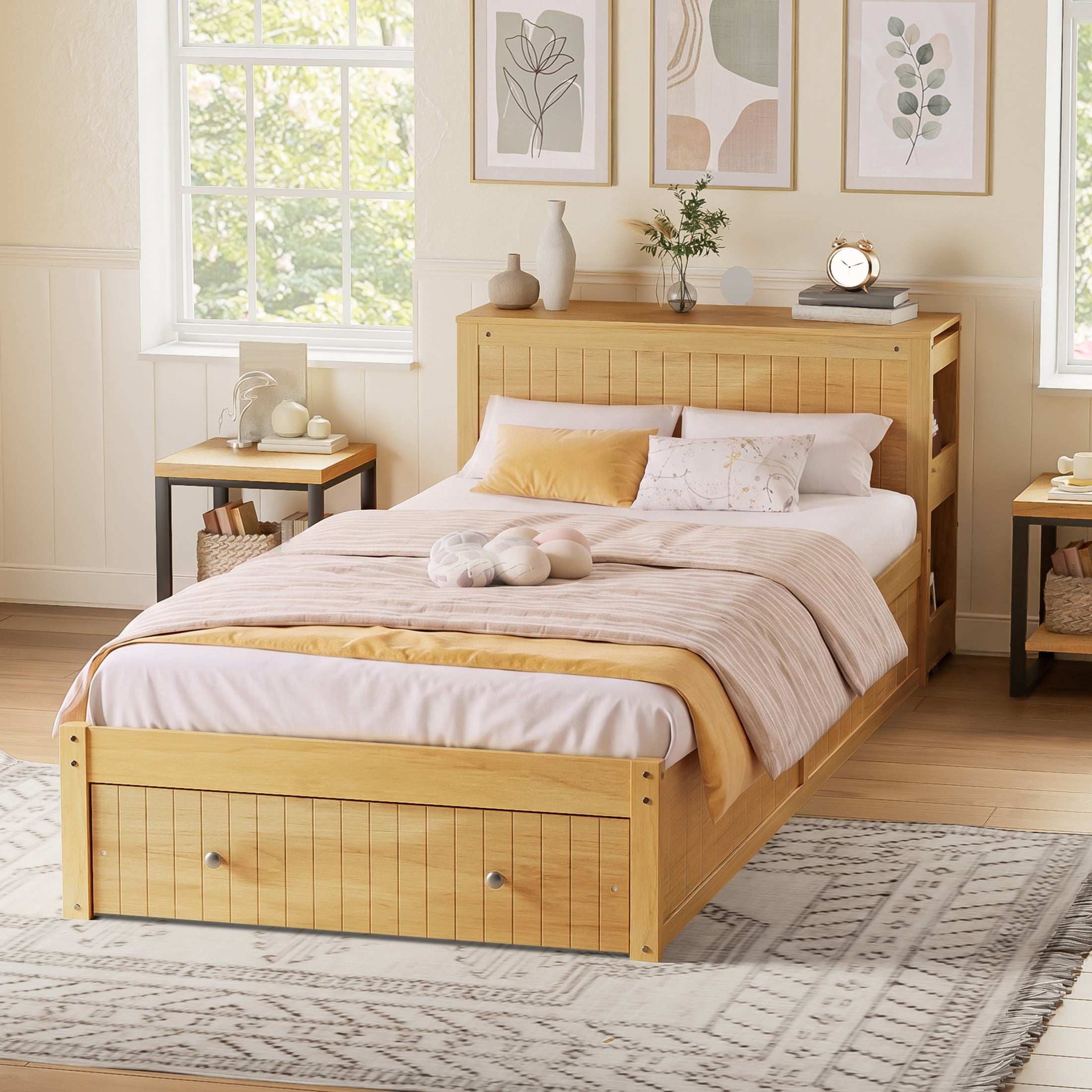 Noble House Oaklin Twin Modern Platform Bed with Integrated Desk & Storage Drawers, Space-Saving Furniture, Natural