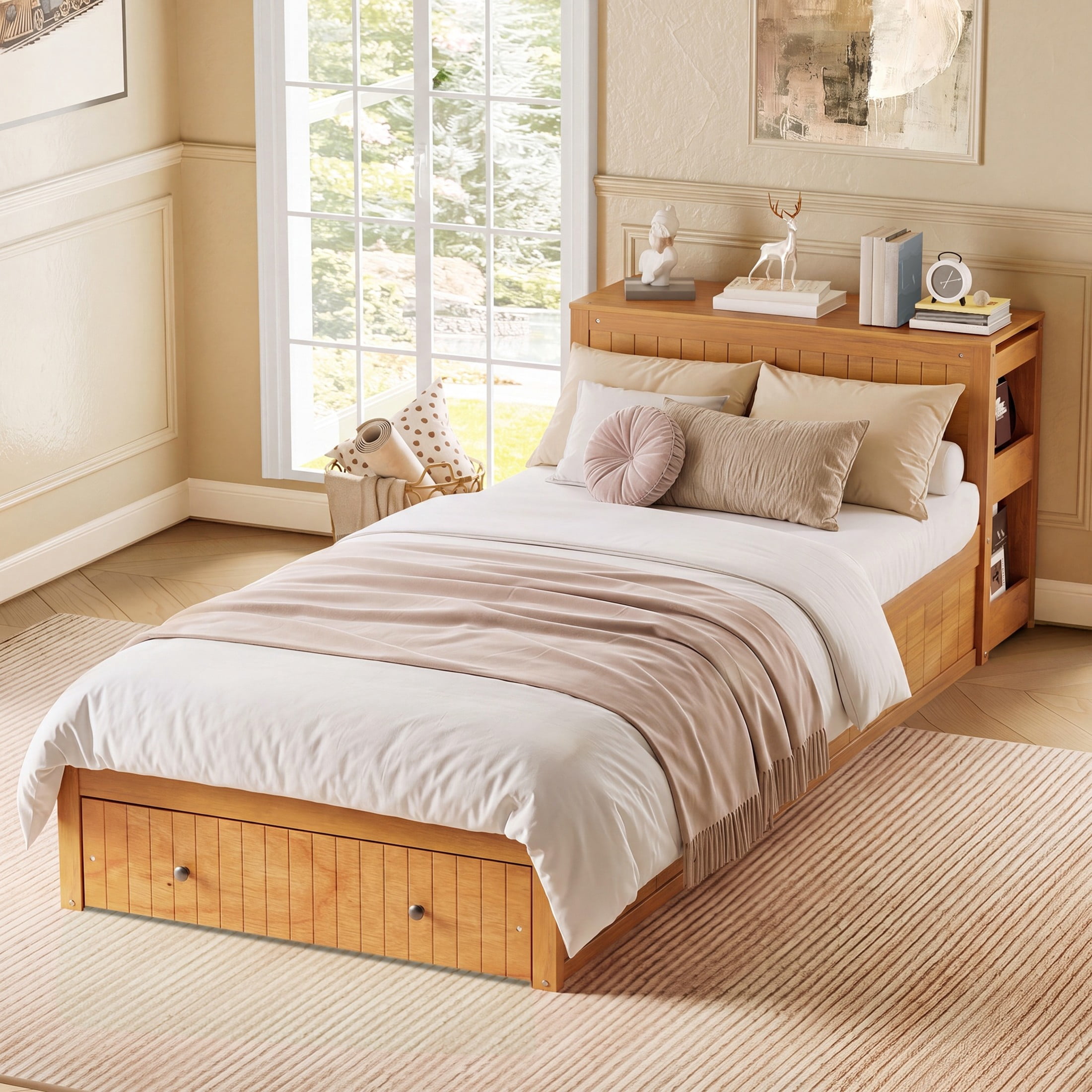 Noble House Oaklin Twin Modern Platform Bed with Integrated Desk & Storage Drawers, Space-Saving Furniture, Walnut