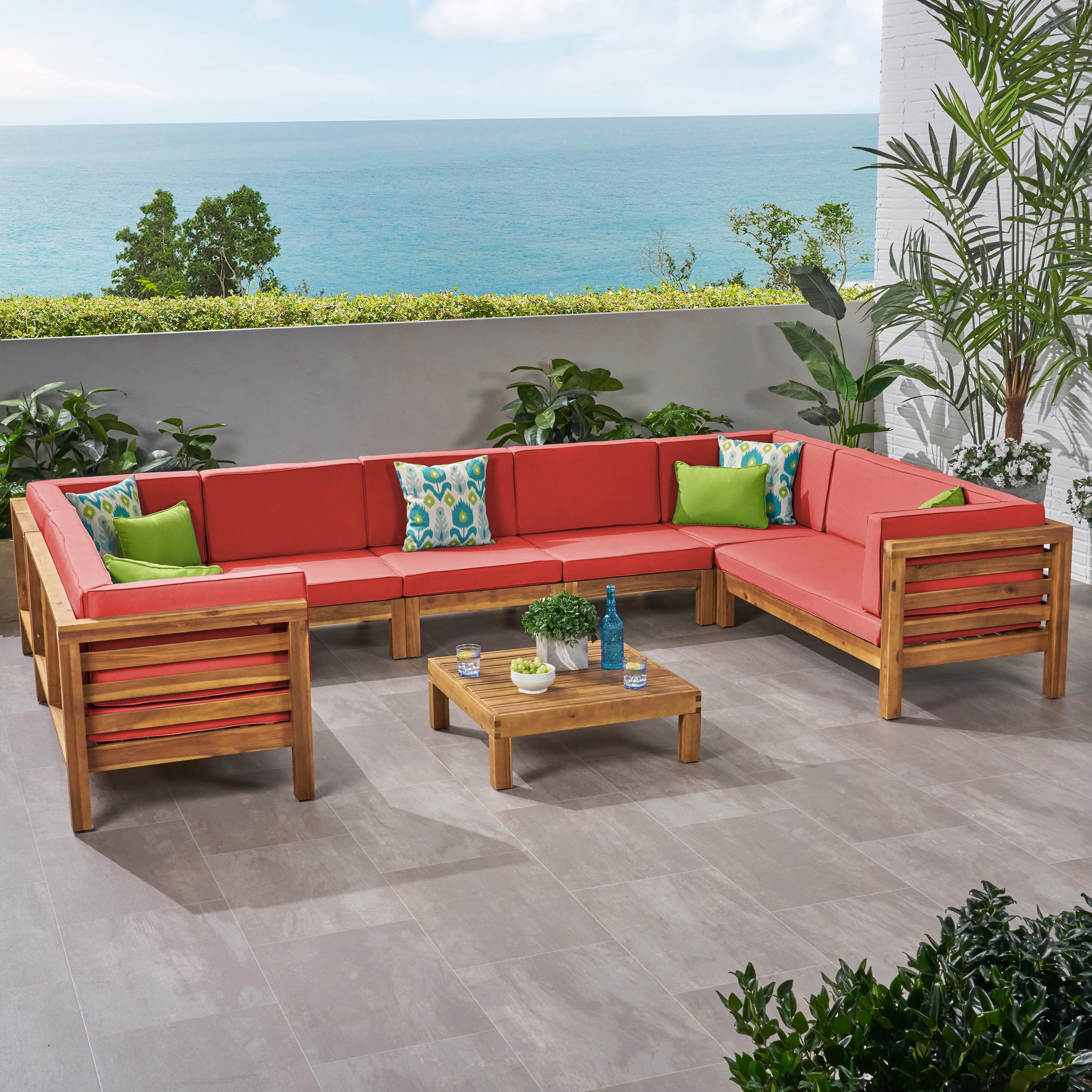 Graham Outdoor 9 Seater Acacia Wood Sectional Sofa Set, Teak Finish, Red