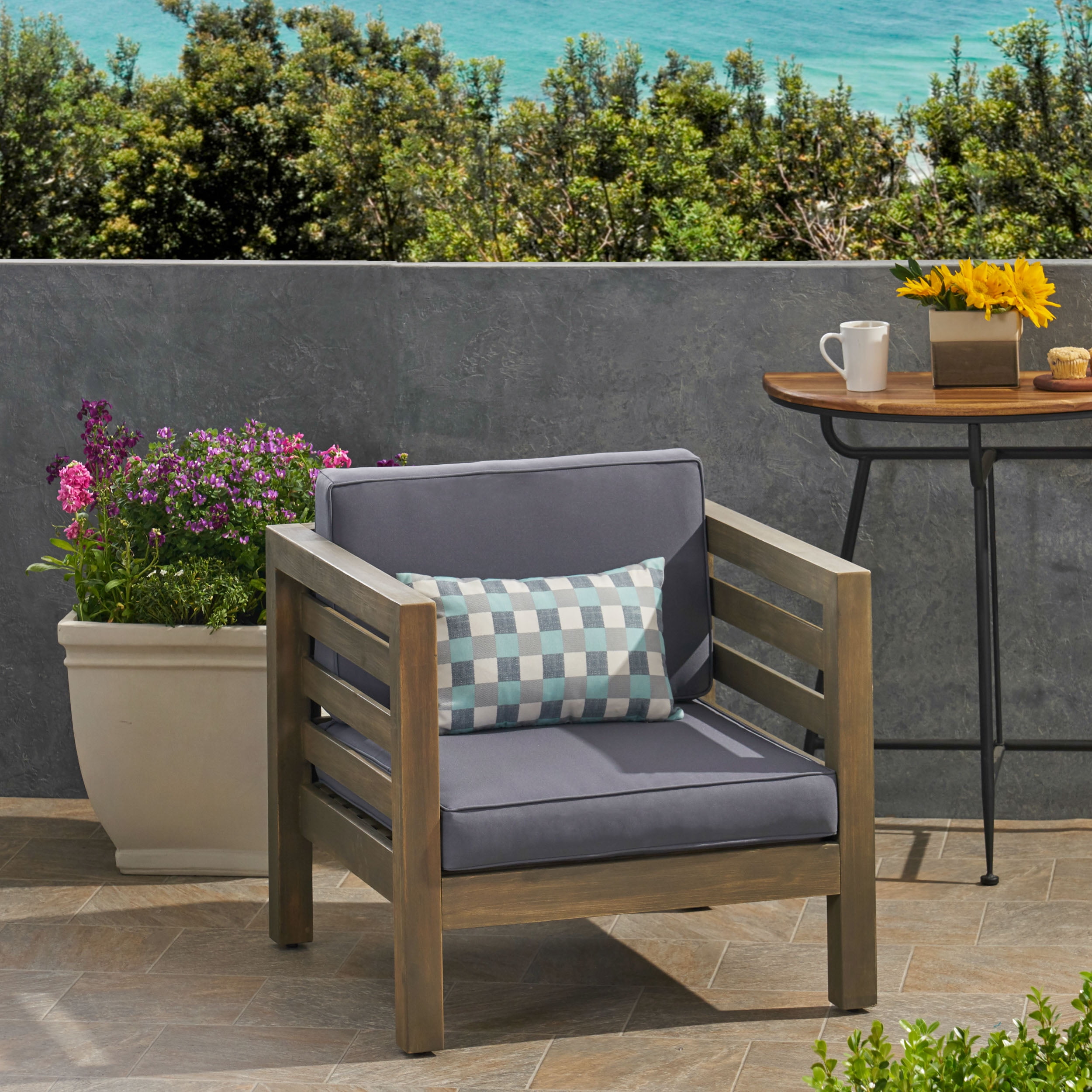 Frankie Outdoor Acacia Wood Club Chair with Cushion, Gray and Dark Gray