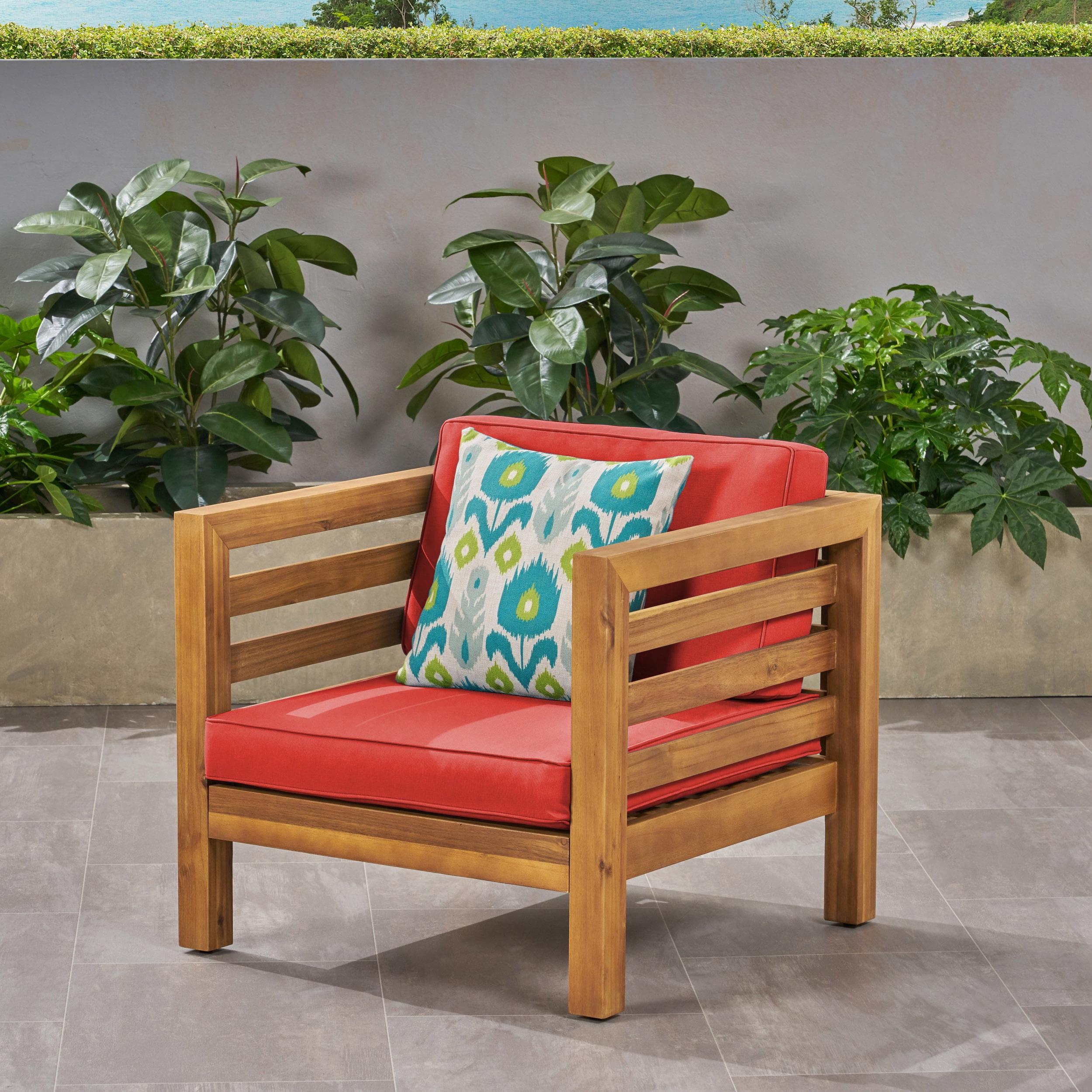 Teak Brown Lounge Chair with Plush Red Cushions