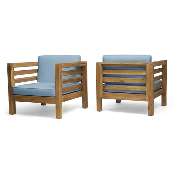 Noble House Oana Wood Outdoor Acacia Club Chair, Teak / Blue Set of 2