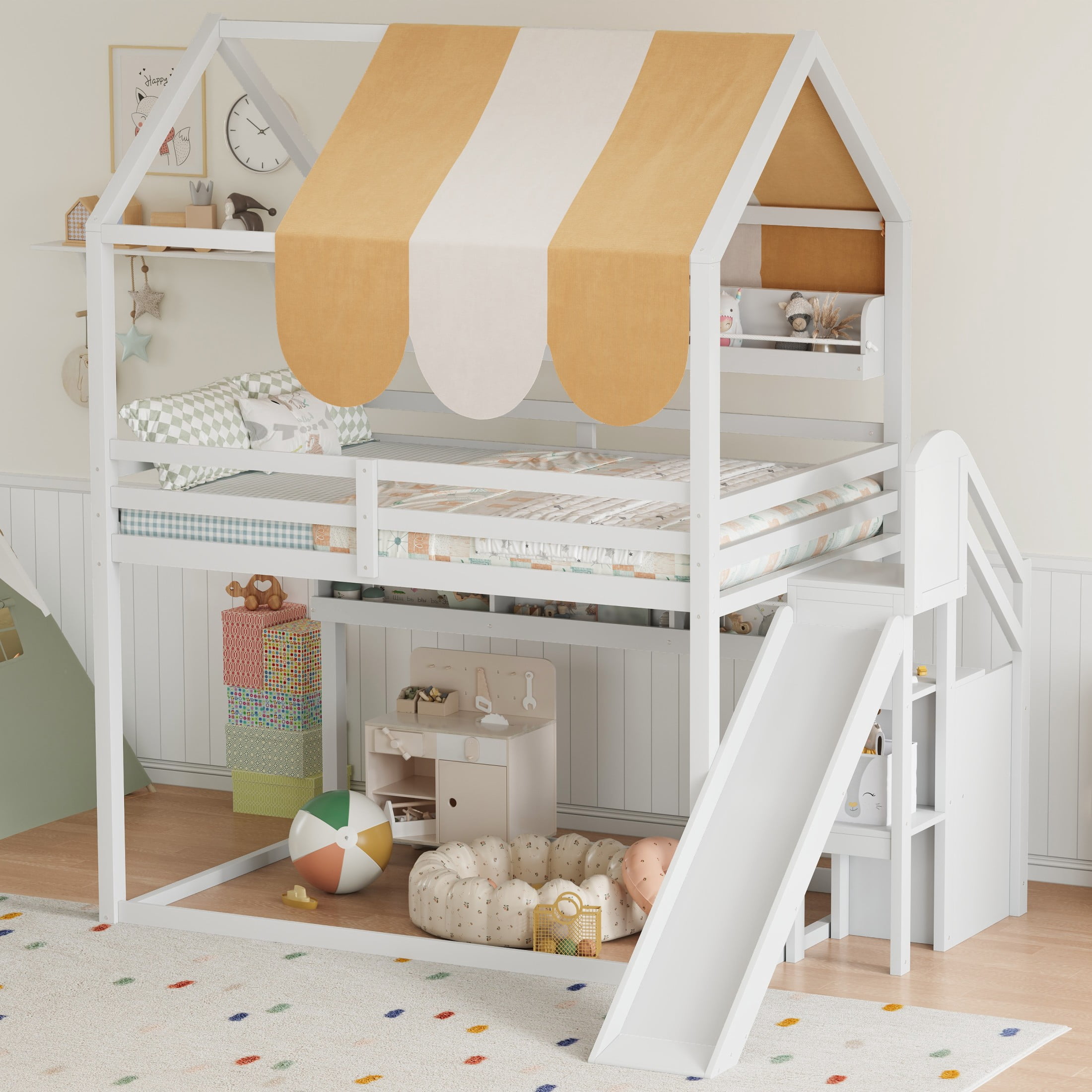 Noble House Odelia Full Size House Loft Bed with Slide and Canopy, Solid Wood Bed with Built-in Bookshelves, White