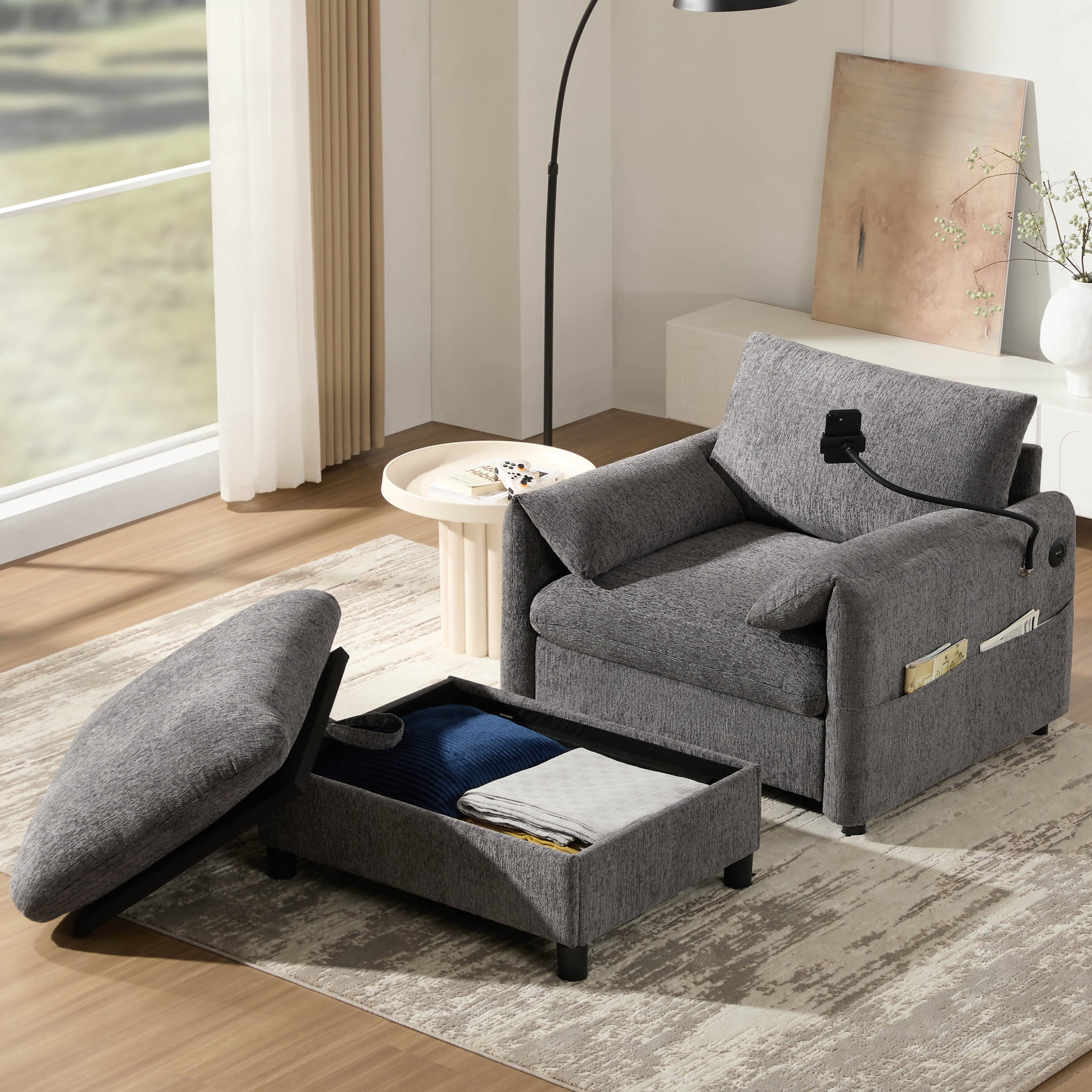 Noble House Odette 37" Chenille Upholstered Armchair with Storage Ottoman and Charging Port, Cloud Chaise Lounge, Gray