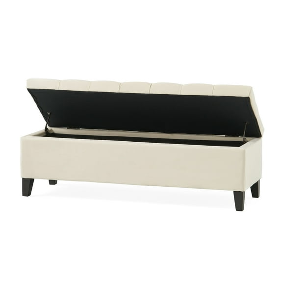 Noble House Oliver Contemporary Button-Tufted Velvet Storage Ottoman Bench, Ivory and Dark Brown