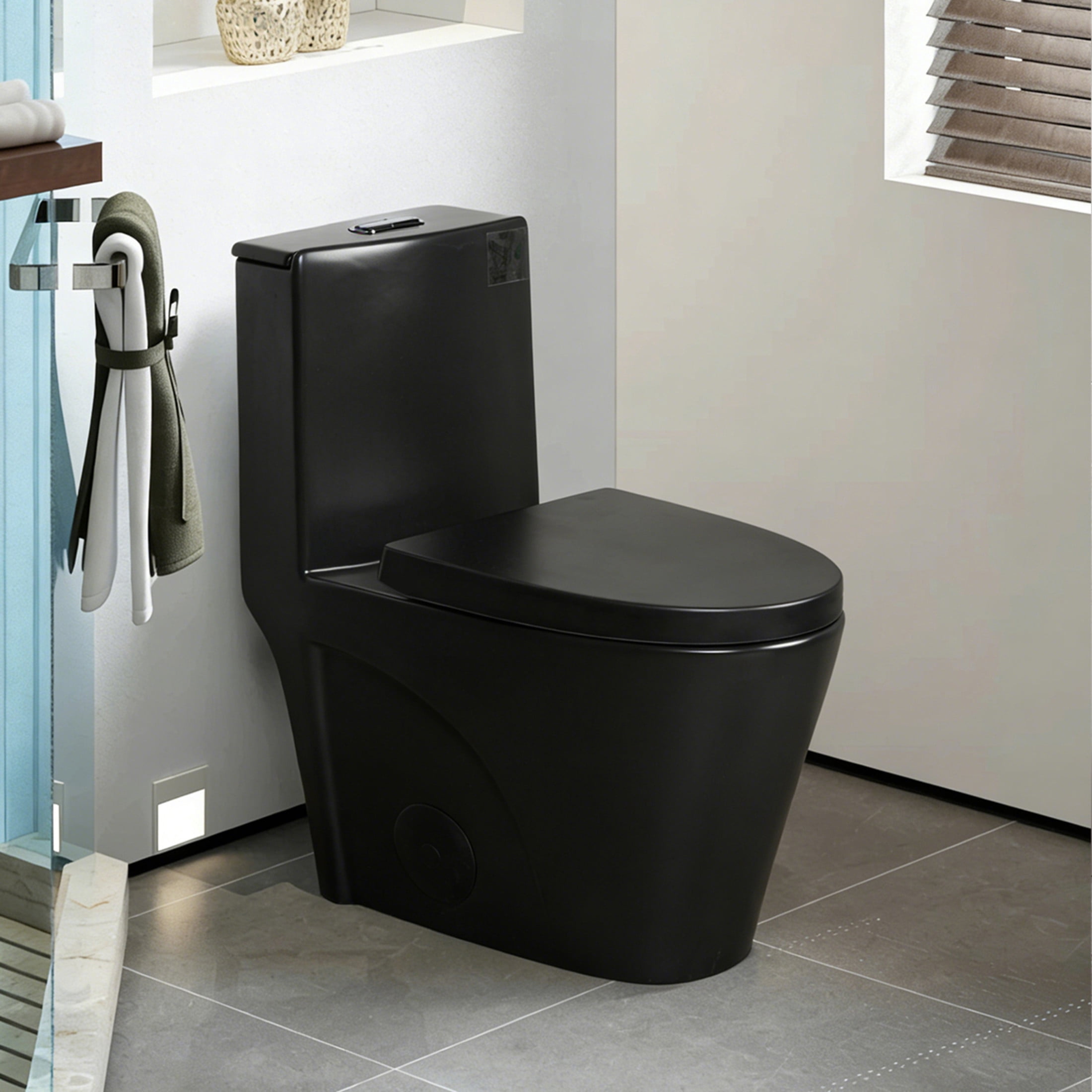 Noble House One-Piece Toilet, Elongated Comfort Bathroom Toilet with Soft-Closing Seat, Dual-Flush Siphon Jet, Black